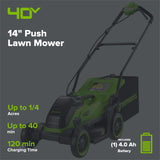 40V 14" Cordless Battery BL Push Lawn Mower: 4.0 Ah Battery and Charger