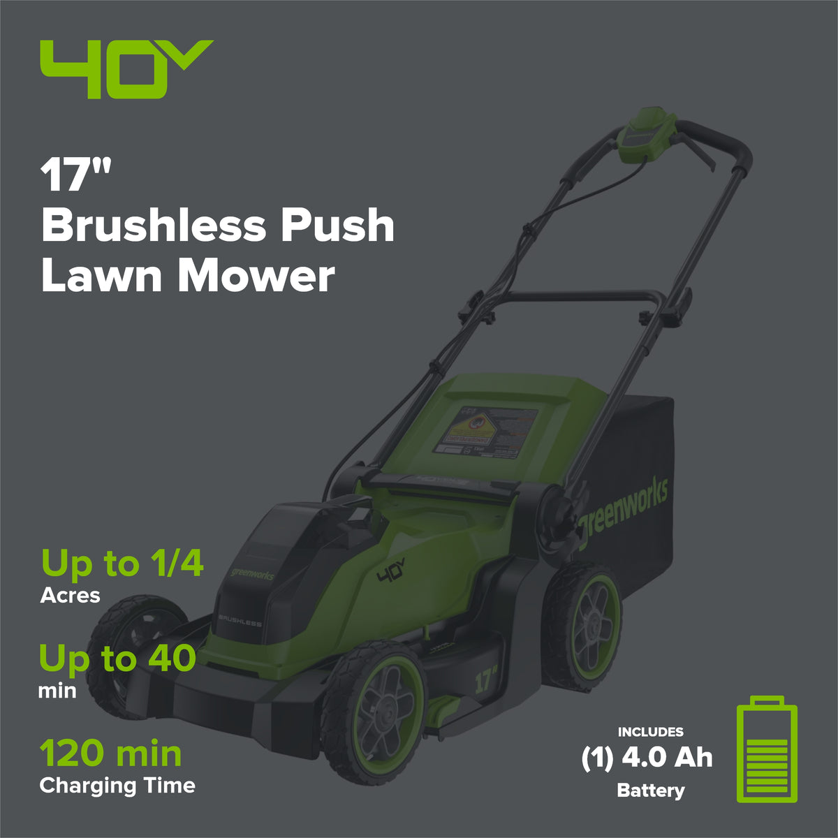 40V 17" Cordless Battery Brushless Push Lawn Mower: 4.0 Ah Battery and Charger