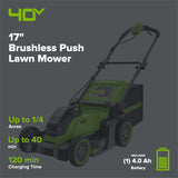 40V 17" Cordless Battery Brushless Push Lawn Mower: 4.0 Ah Battery and Charger