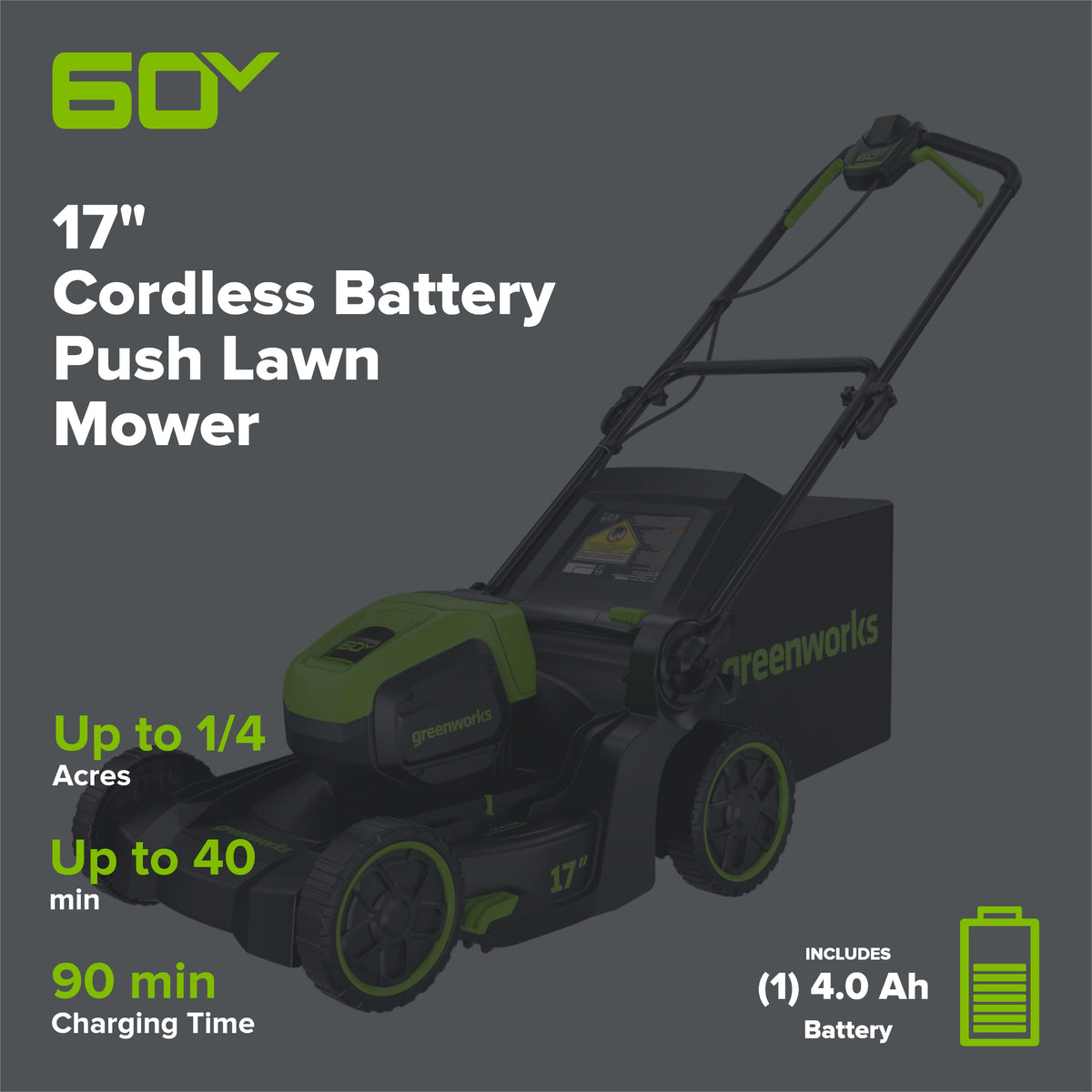 60V 17" Cordless Battery Push Lawn Mower: 4.0 Ah Battery and Charger