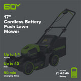 60V 17" Cordless Battery Push Lawn Mower: 4.0 Ah Battery and Charger