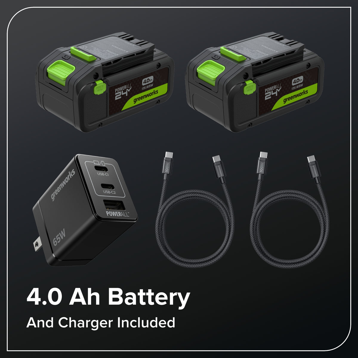 48V (24V x 2) 17" Cordless Battery Push Lawn Mower w/ Two (2) 4.0Ah Batteries, (1) 65W Type-C Charger & (2) 3-FT Cables