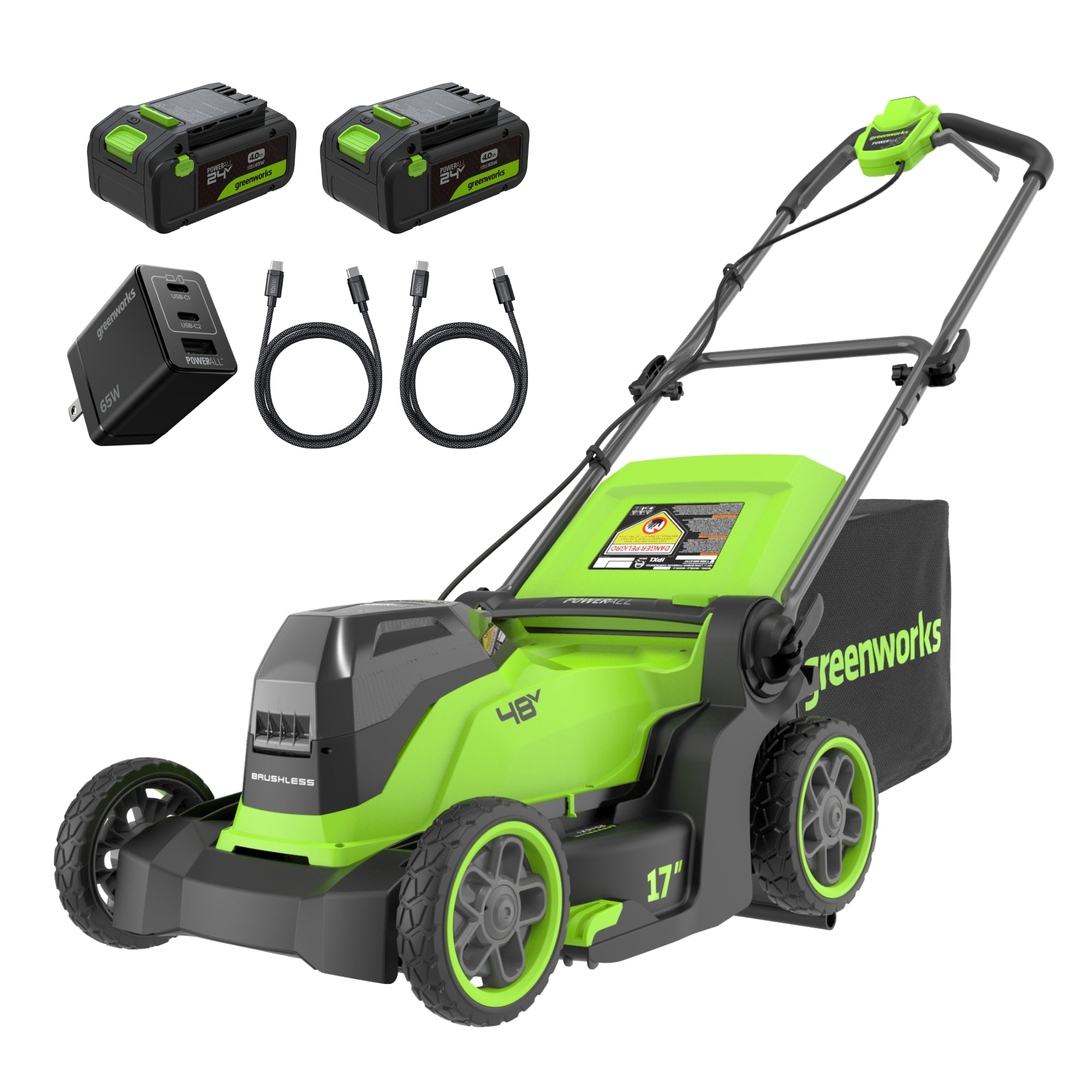 48V (24V x 2) 17" Cordless Battery Push Lawn Mower w/ Two (2) 4.0Ah Batteries, (1) 65W Type-C Charger & (2) 3-FT Cables
