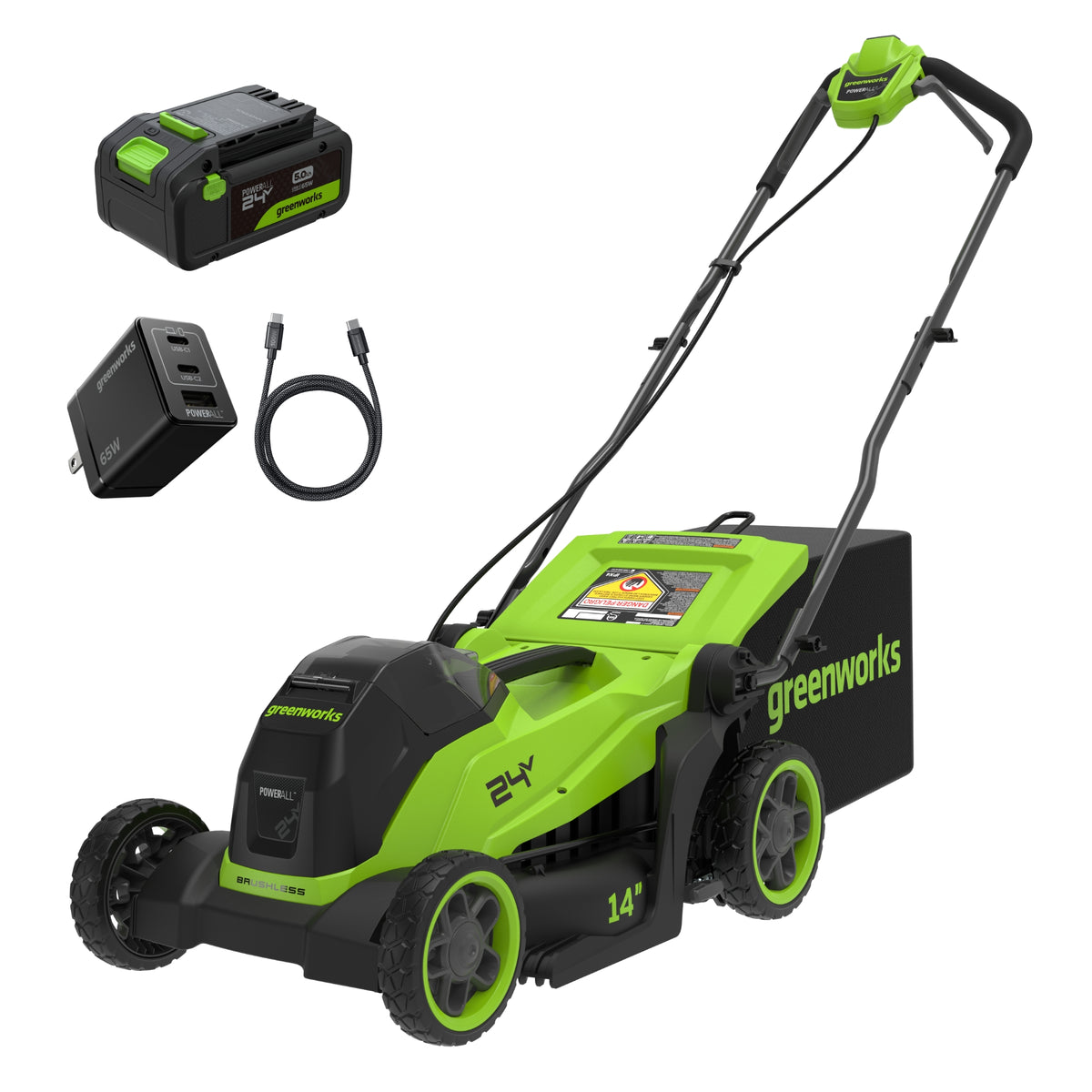 24V 14" Cordless Battery Brushless Push Lawn Mower w/ 5.0Ah Battery & 65W Type-C Charger (3-Ft Cable)