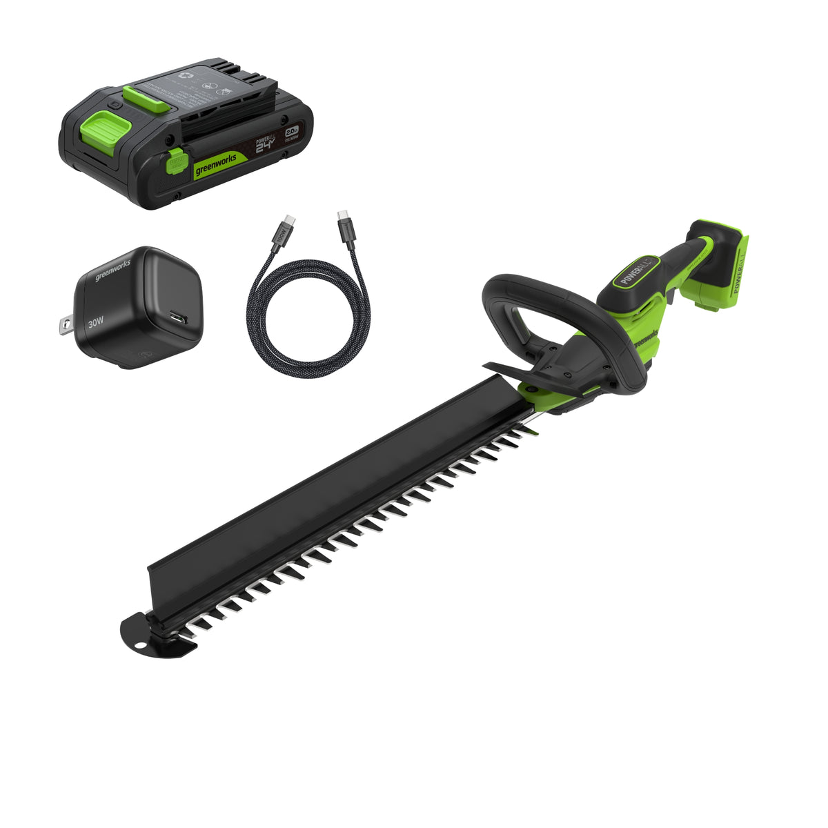 24V 22" Brushless (1.1" Cutting Capacity) Hedge Trimmer: 2.0Ah Battery and 30W Charger