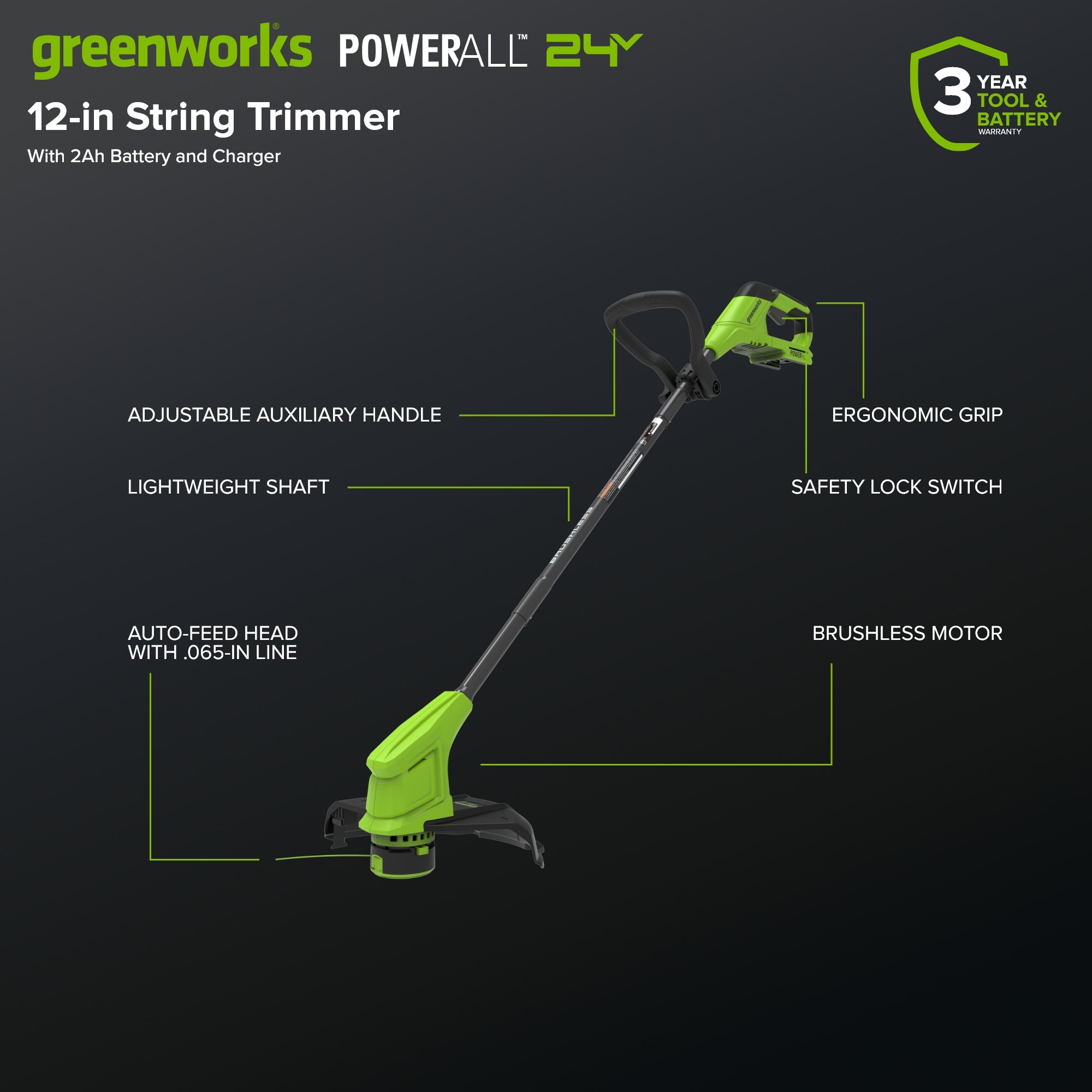 24V 12" Cordless Battery Brushless String Trimmer w/ 2.0Ah Battery & 30W Type-C Charger (3-FT Cable)