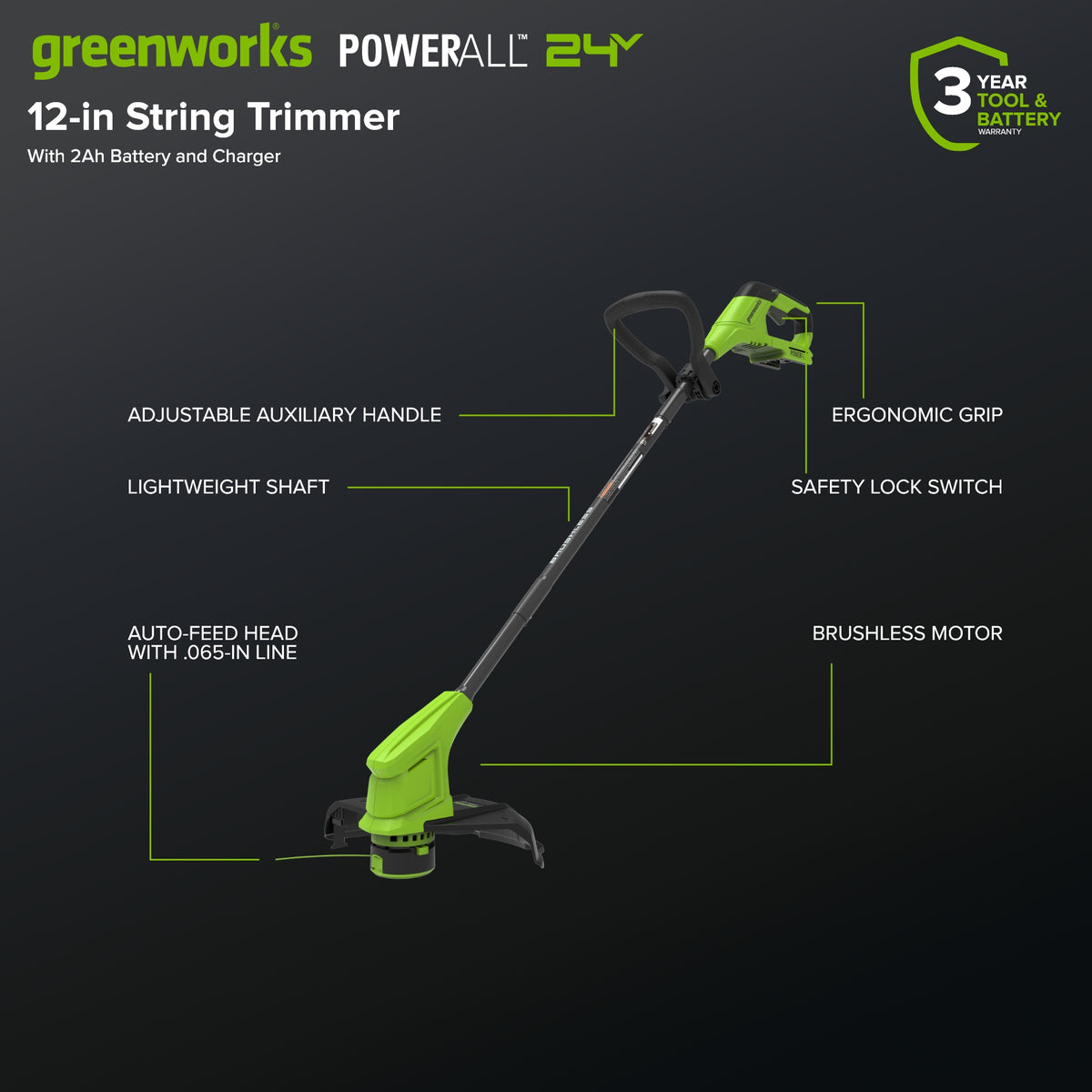 24V 12" Cordless Battery Brushless String Trimmer w/ 2.0Ah Battery & 30W Type-C Charger (3-FT Cable)