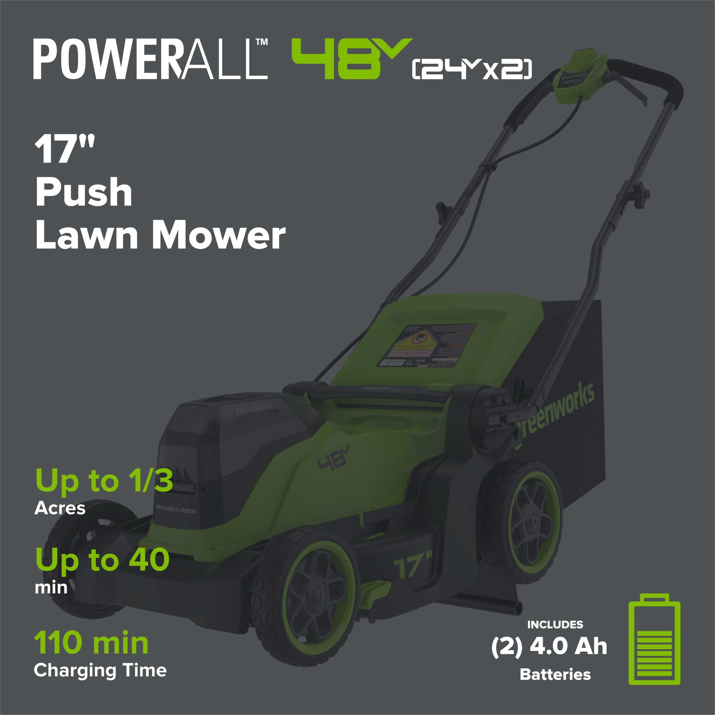 48V (24V x 2) 17" Cordless Battery Push Lawn Mower w/ Two (2) 4.0Ah Batteries, (1) 65W Type-C Charger & (2) 3-FT Cables