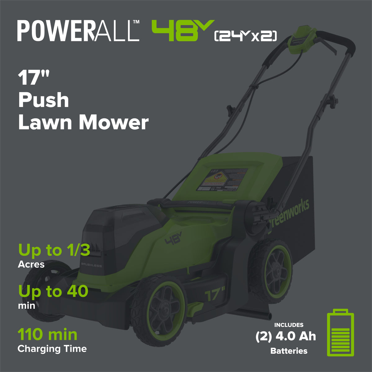 48V (24V x 2) 17" Cordless Battery Push Lawn Mower w/ Two (2) 4.0Ah Batteries, (1) 65W Type-C Charger & (2) 3-FT Cables