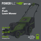 48V (24V x 2) 17" Cordless Battery Push Lawn Mower w/ Two (2) 4.0Ah Batteries, (1) 65W Type-C Charger & (2) 3-FT Cables
