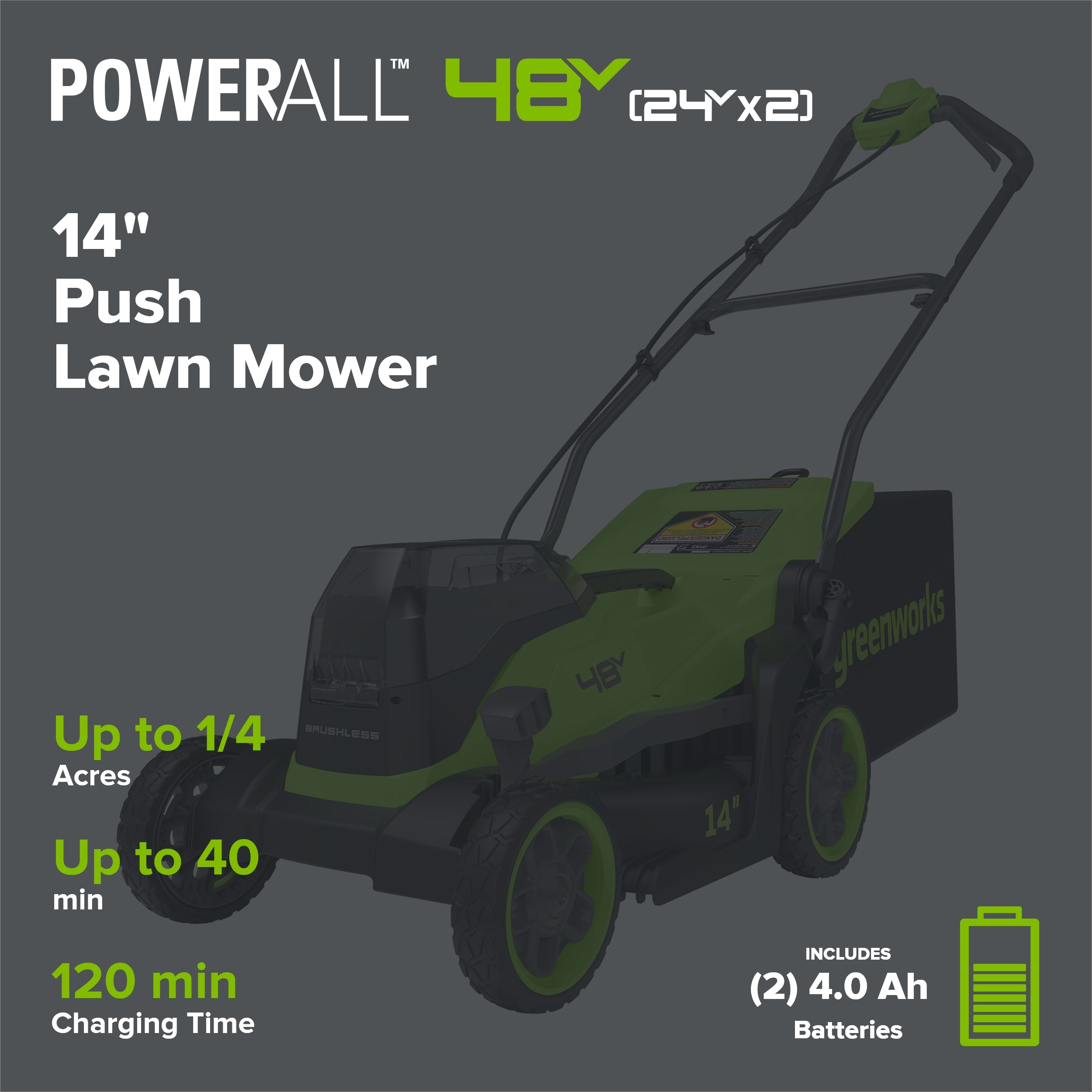 48V (24V x 2) 14" Cordless Battery Brushless Push Lawn Mower: (2) 4.0 Ah Battery and 2A Dual-port Charger