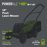 48V (24V x 2) 14" Cordless Battery Brushless Push Lawn Mower: (2) 4.0 Ah Battery and 2A Dual-port Charger