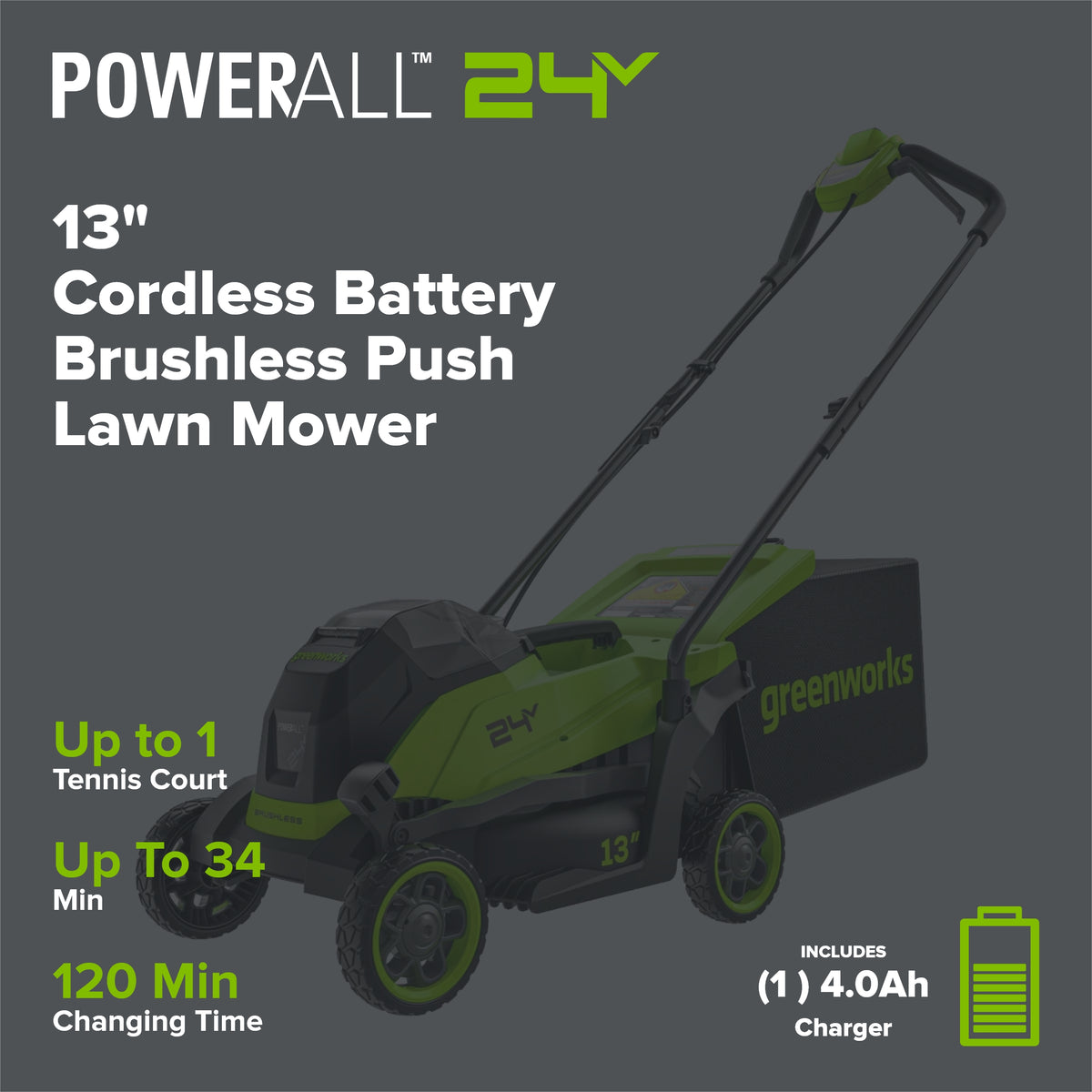 24V 13" Cordless Battery Brushless Push Lawn Mower: 4.0 Ah Battery and Charger