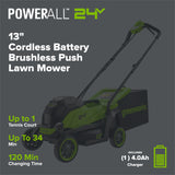 24V 13" Cordless Battery Brushless Push Lawn Mower: 4.0 Ah Battery and Charger