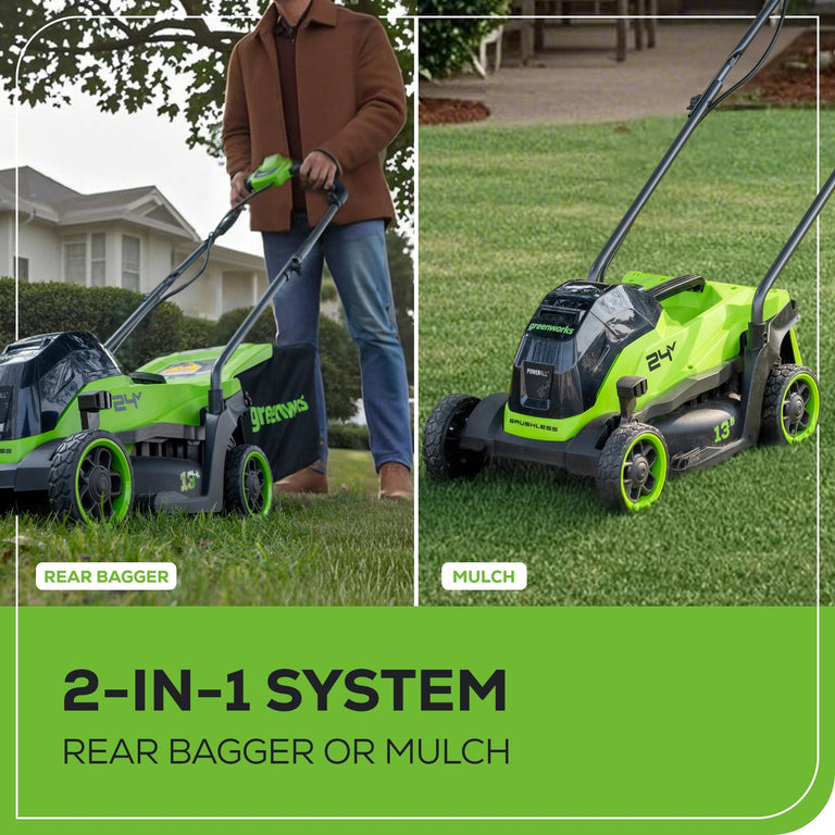 24V 13" Cordless Battery Push Lawn Mower (4.0Ah Battery)| Greenworks Tools