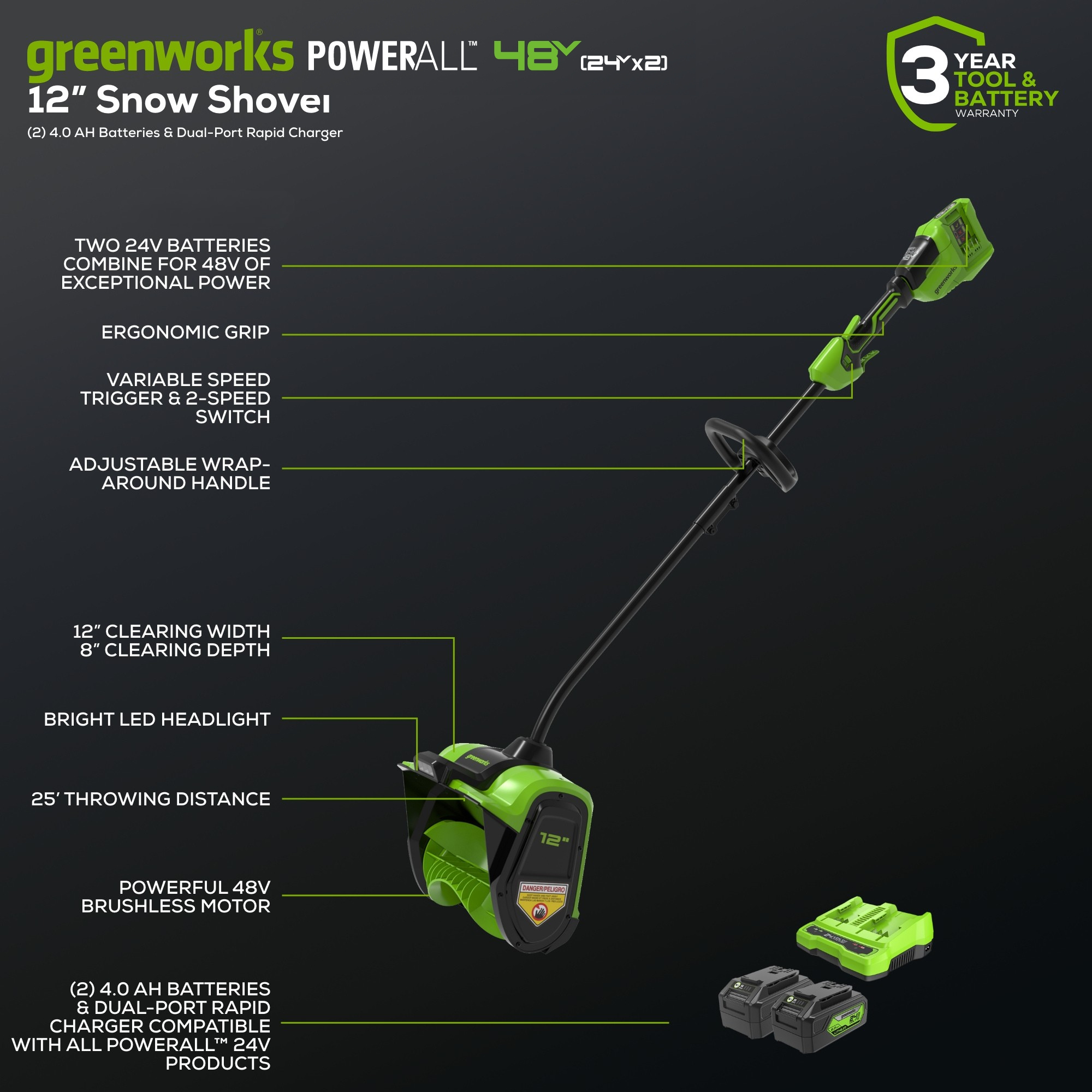 48V (24V x 2)  12" Cordless Battery Snow Shovel w/ (2)4.0Ah Battery & Dual Port Charger