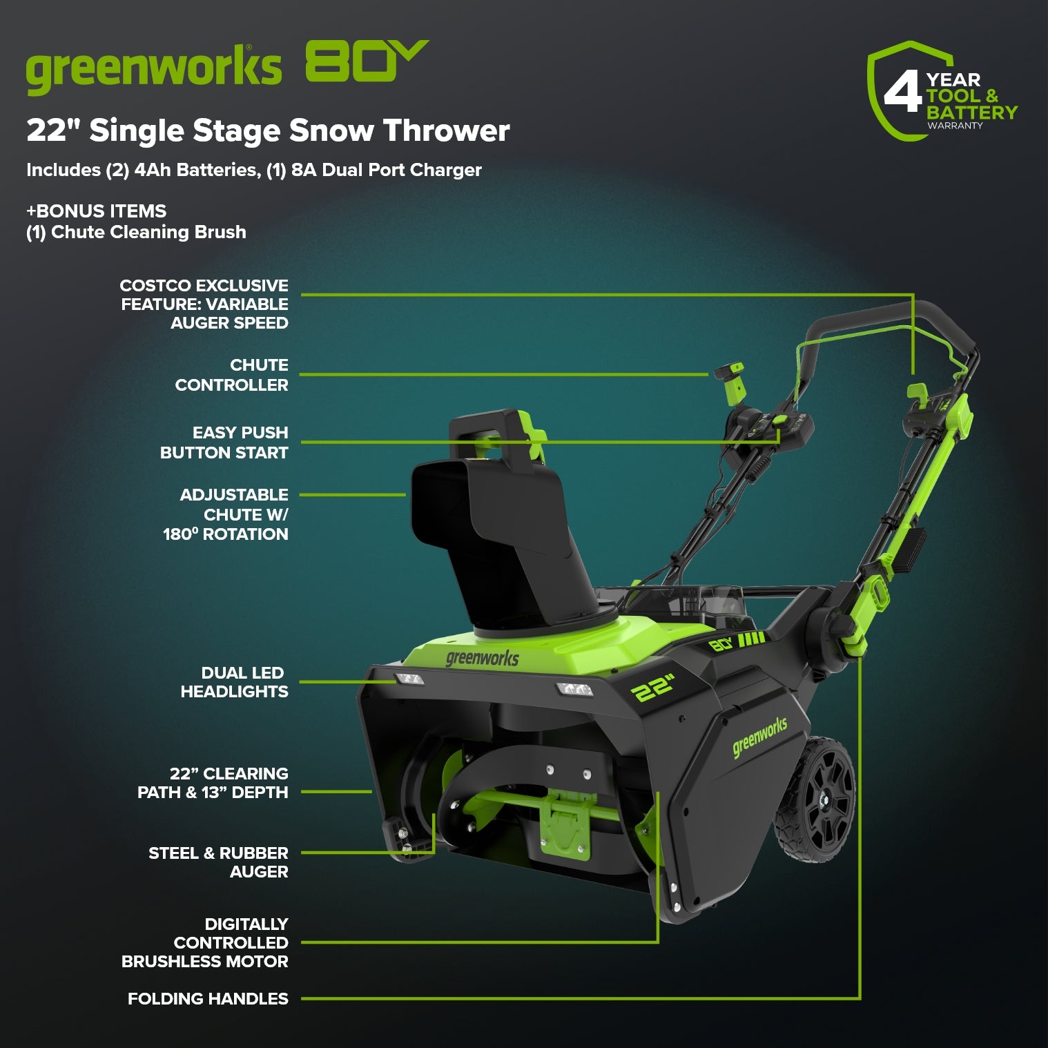 80V 22" Cordless Battery Single-Stage Snow Blower w/ (2)4.0 Ah Battery & Dual-Port Charger