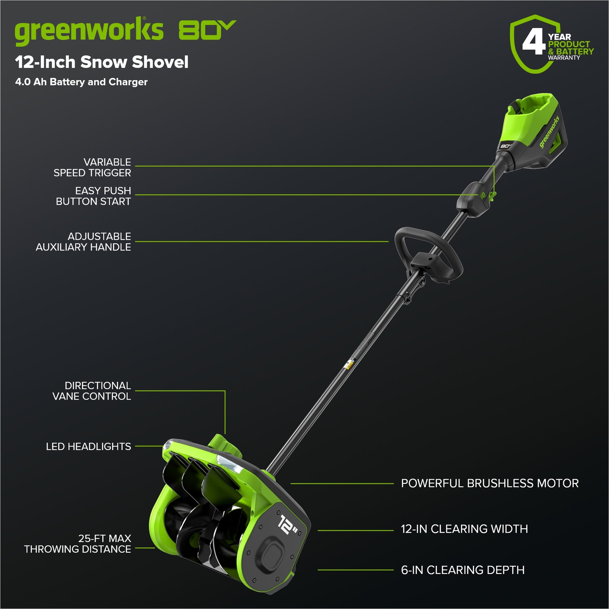 80V 12" Cordless Battery LED Snow Shovel w/ 4.0Ah Battery & 6A Charger