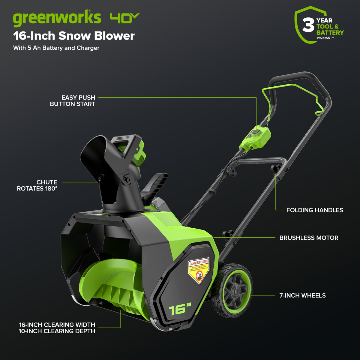 40V 16" Cordless Battery Snow Blower: 5.0 Ah Battery and Charger