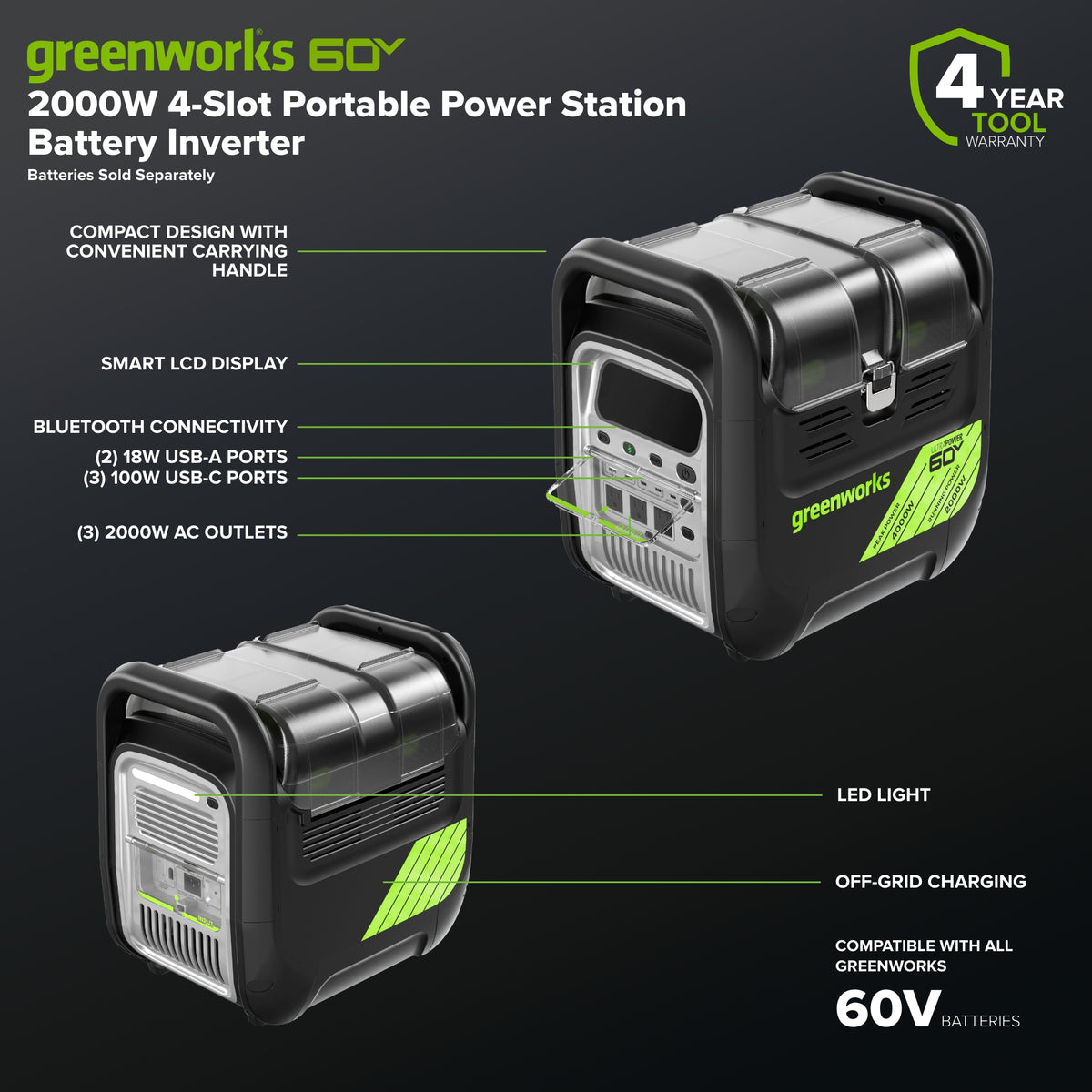 60V 2000W 4-Slot Inverter Portable Power Station (Tool Only)