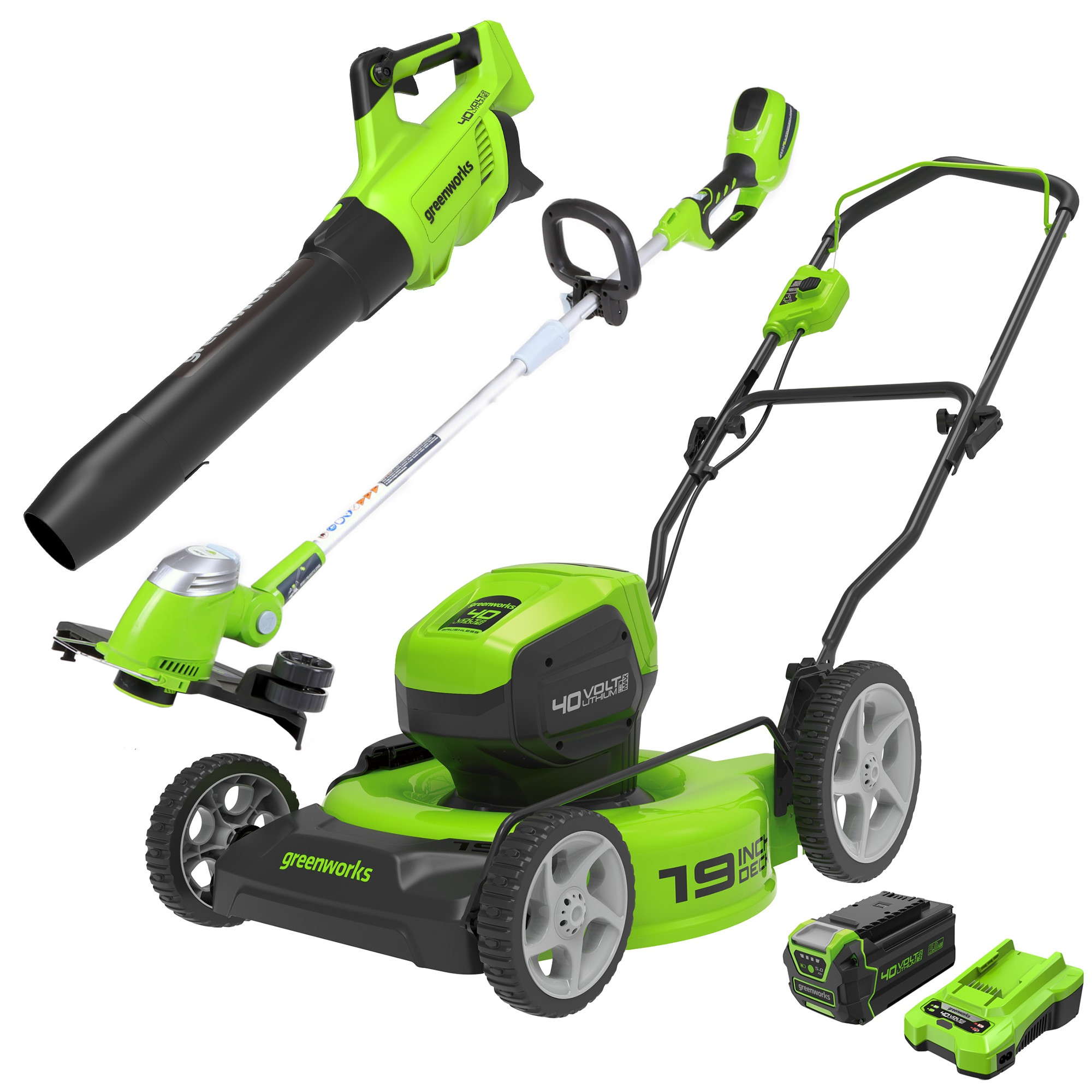 40V 19 Self Propelled Mower 13 Trimmer Leaf Blower Greenworks Tools