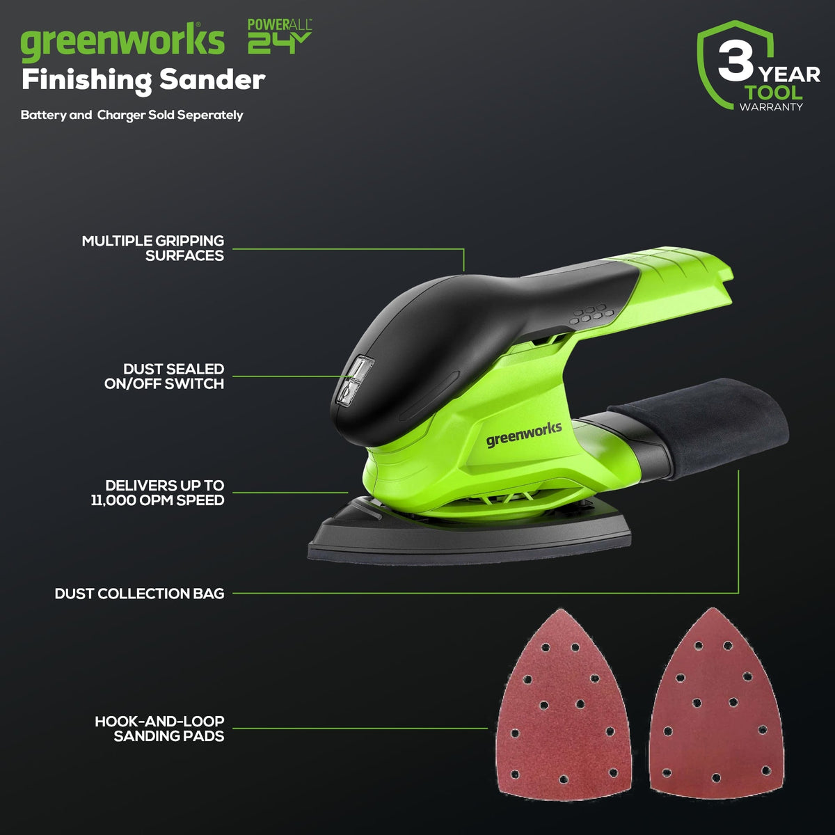 24V Cordless Corner Finishing Sander | Greenworks Tools 24V Cordless Corner Finishing Sander | Greenworks Tools