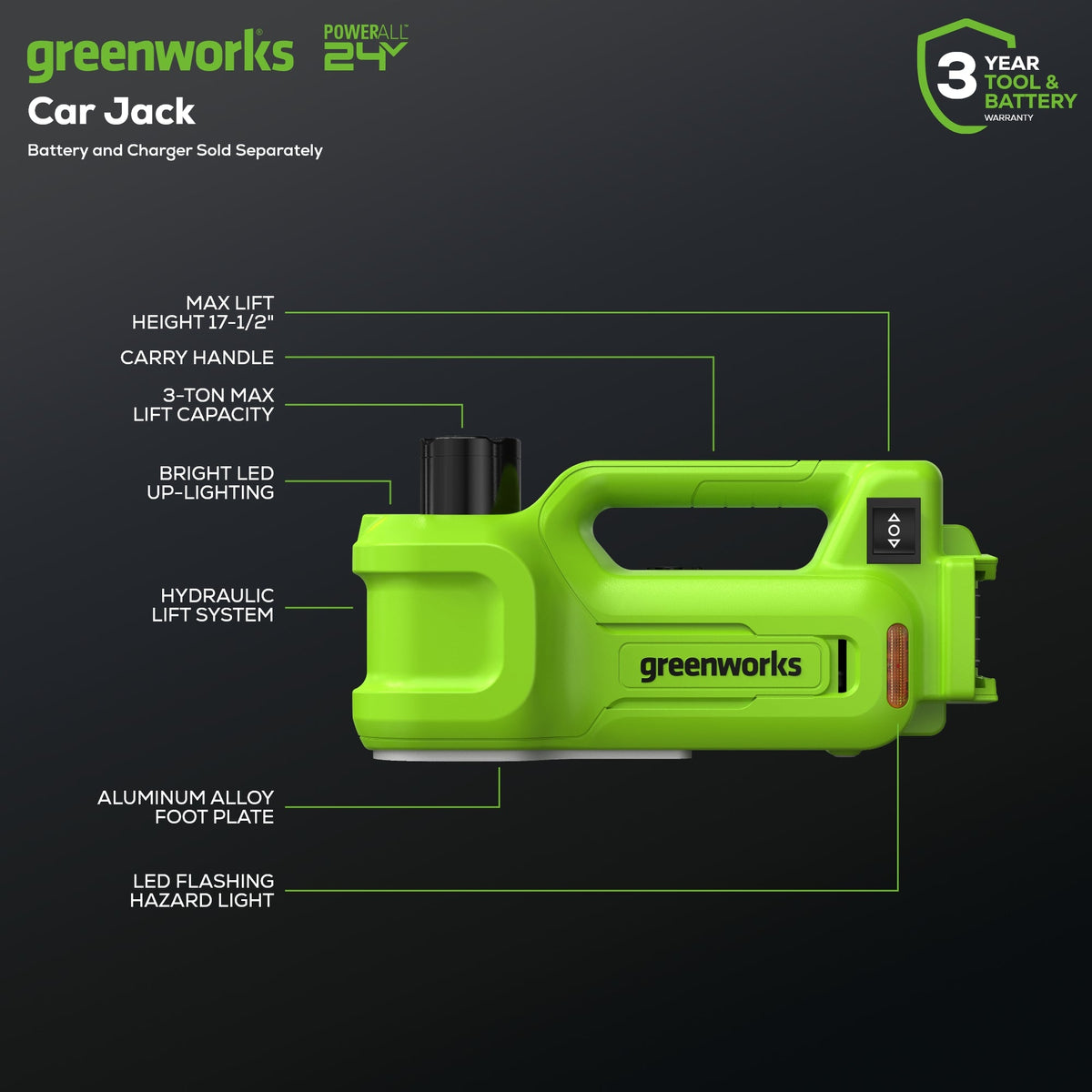 24V Cordless Battery Car Jack: 2.0 Ah Battery and Charger