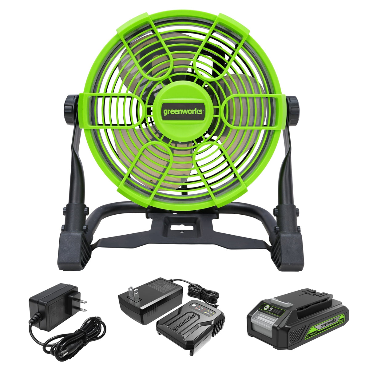 24V Cordless Fan: 2.0 Ah USB Battery, 0.5A Charger and AC Adapter