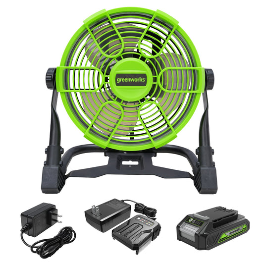24V Cordless Fan: 2.0 Ah USB Battery, 0.5A Charger and AC Adapter