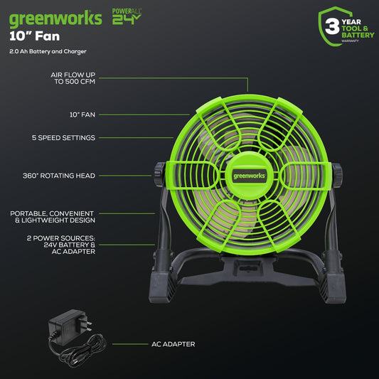 24V Cordless Fan: 2.0 Ah USB Battery, 0.5A Charger and AC Adapter