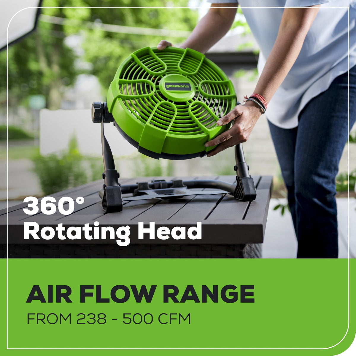 24V Cordless Fan: 2.0 Ah USB Battery, 0.5A Charger and AC Adapter