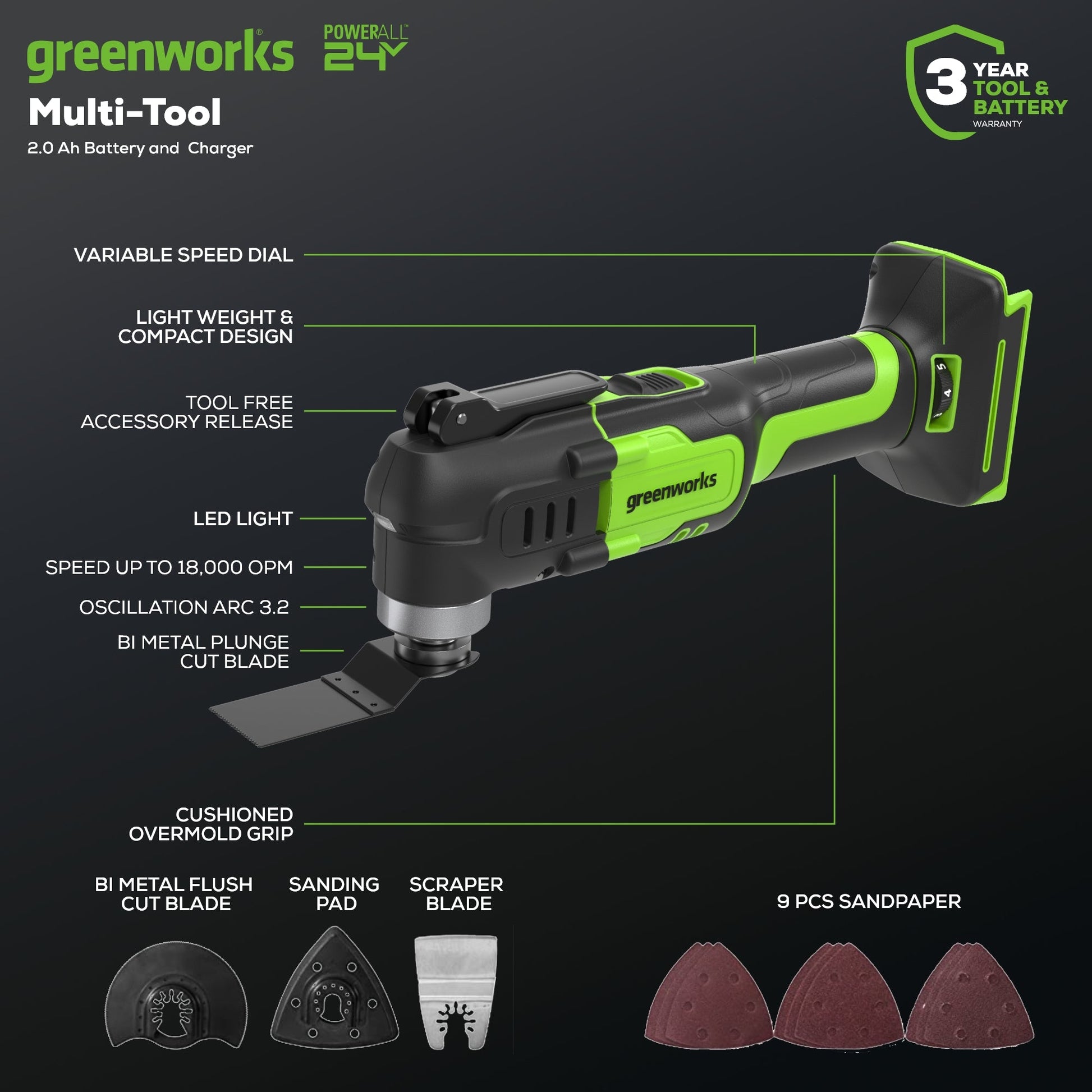 24V Cordless Battery Multi-Tool w/ 2.0Ah Battery & Charger