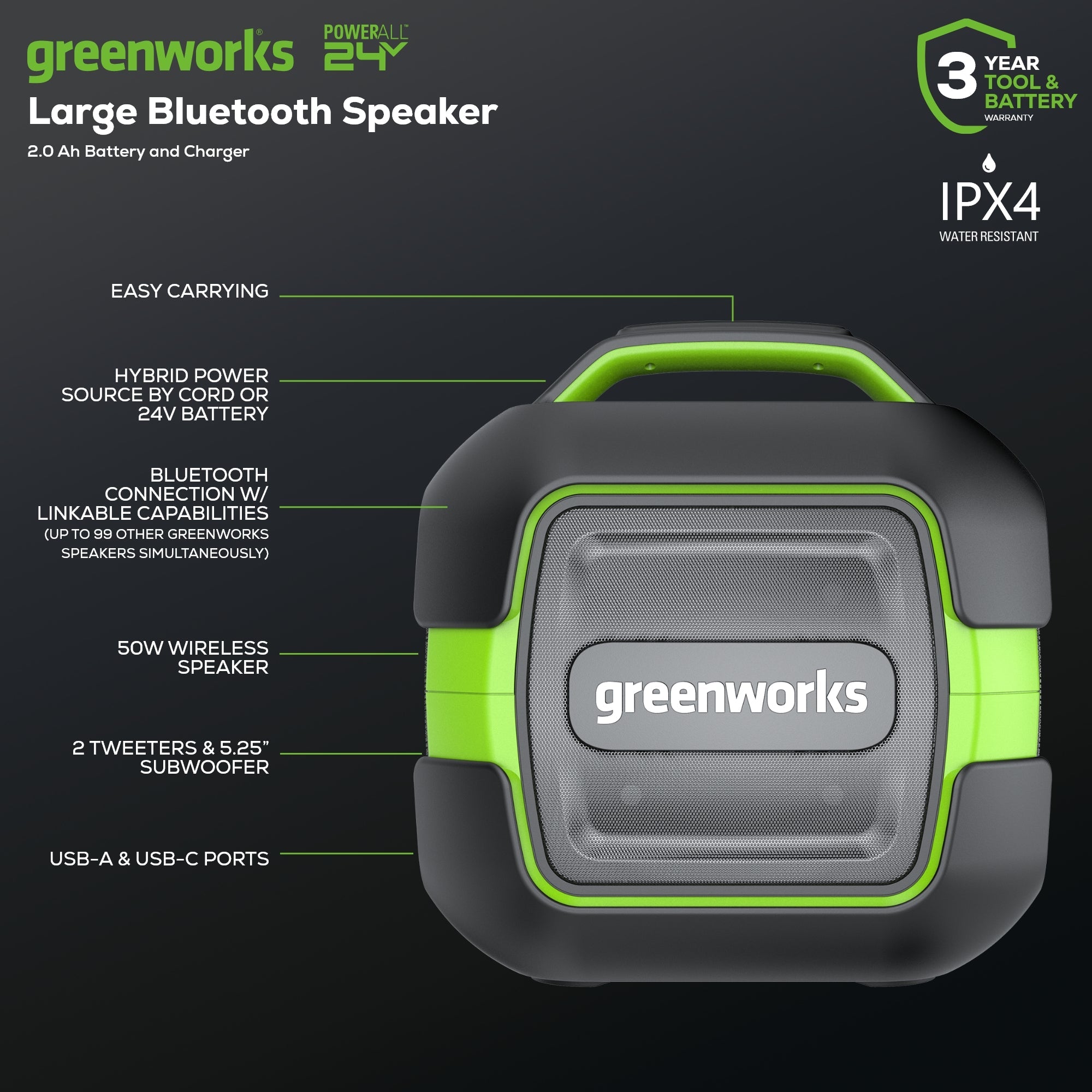 24V Cordless Battery Bluetooth Speaker w/ 2.0Ah Battery & Charger