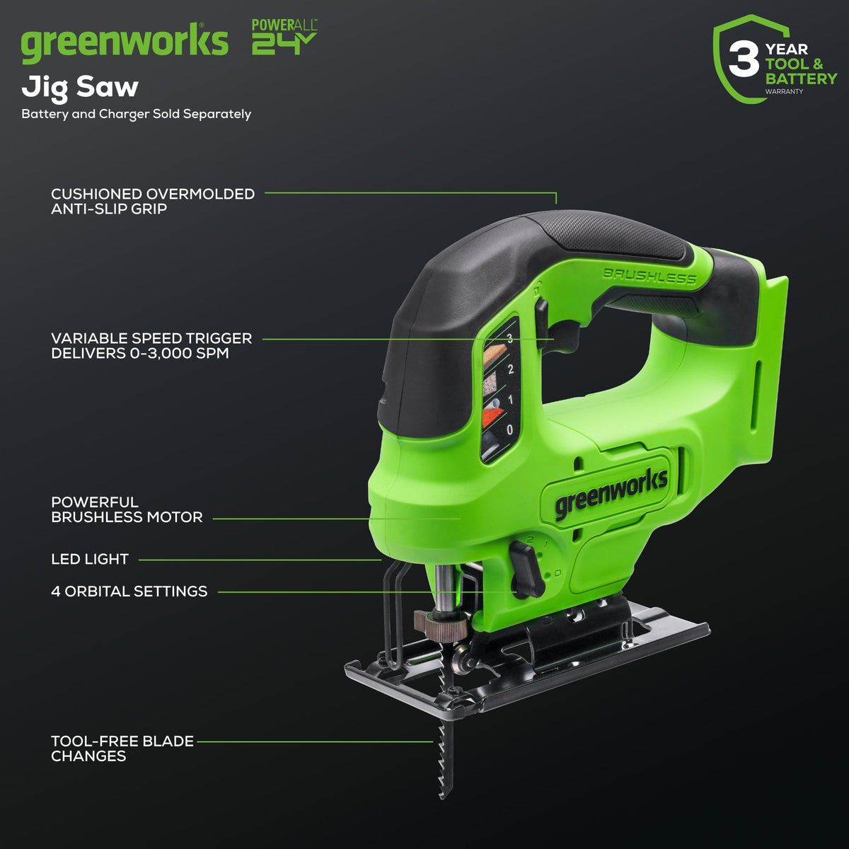 24V Cordless Battery Jig Saw Gen 2 (Tool Only) | Greenworks Tools