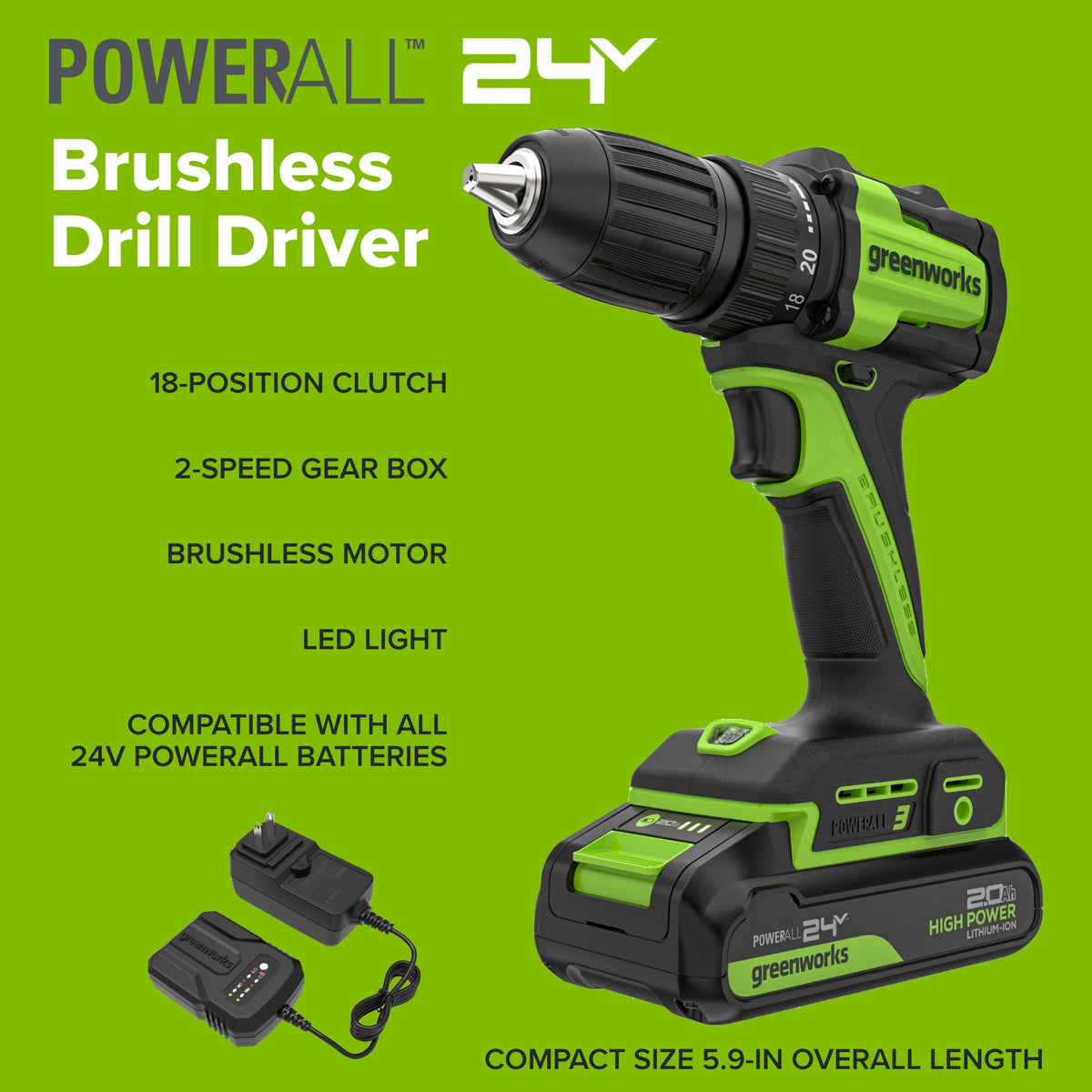 24V Cordless Battery 1/2" 400 in-lbs Drill / Driver: 2.0 Ah Batteries and Charger