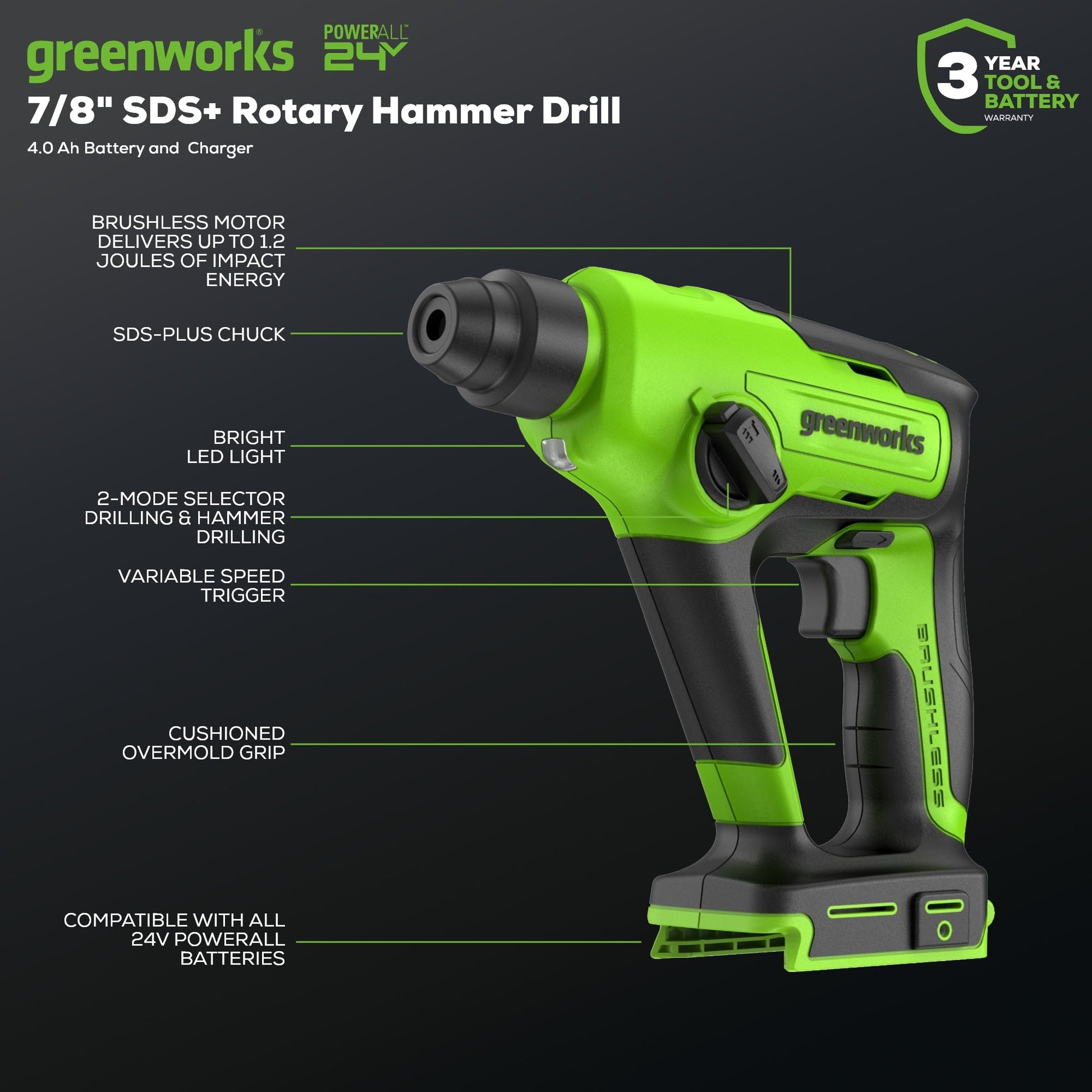 24V SDS 1.2J Brushless Rotary Hammer Drill & (3) 6" Drill Bits w/ 4.0Ah Battery and Charger