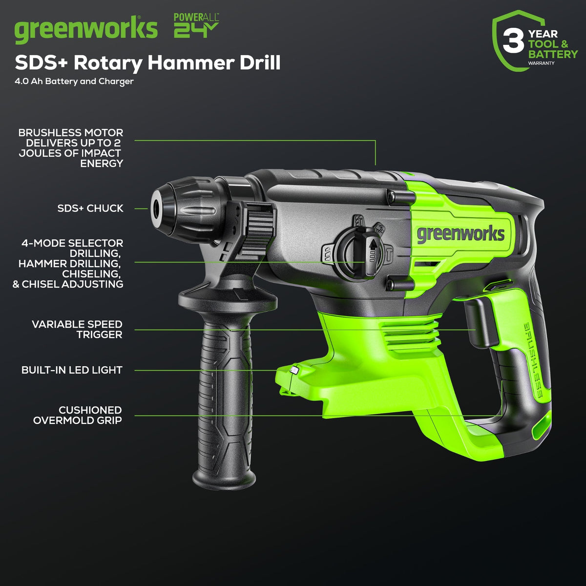 24V SDS-Plus 2J Brushless Rotary Hammer Drill w/ 4.0Ah USB Battery & Charger