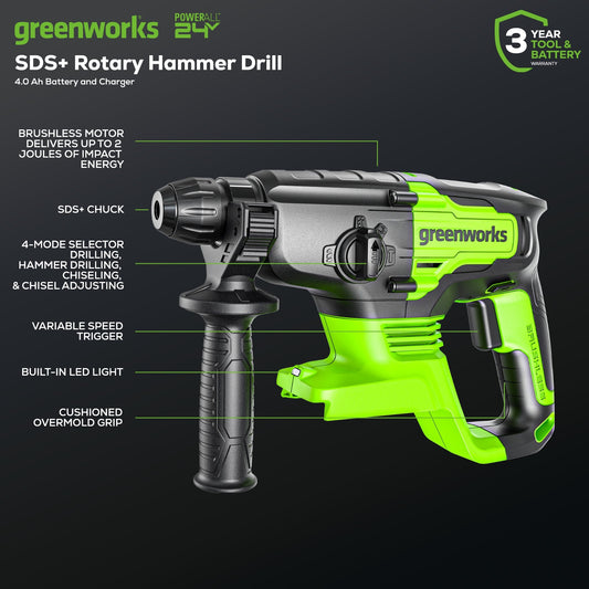 24V SDS-Plus 2J Brushless Rotary Hammer Drill w/ 4.0Ah USB Battery & Charger