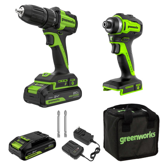 24V Cordless Battery 400 in-lbs Drill / Driver and 1950 in-lbs Impact Driver, Two(2) 2.0 Ah Batteries and 2A Charger