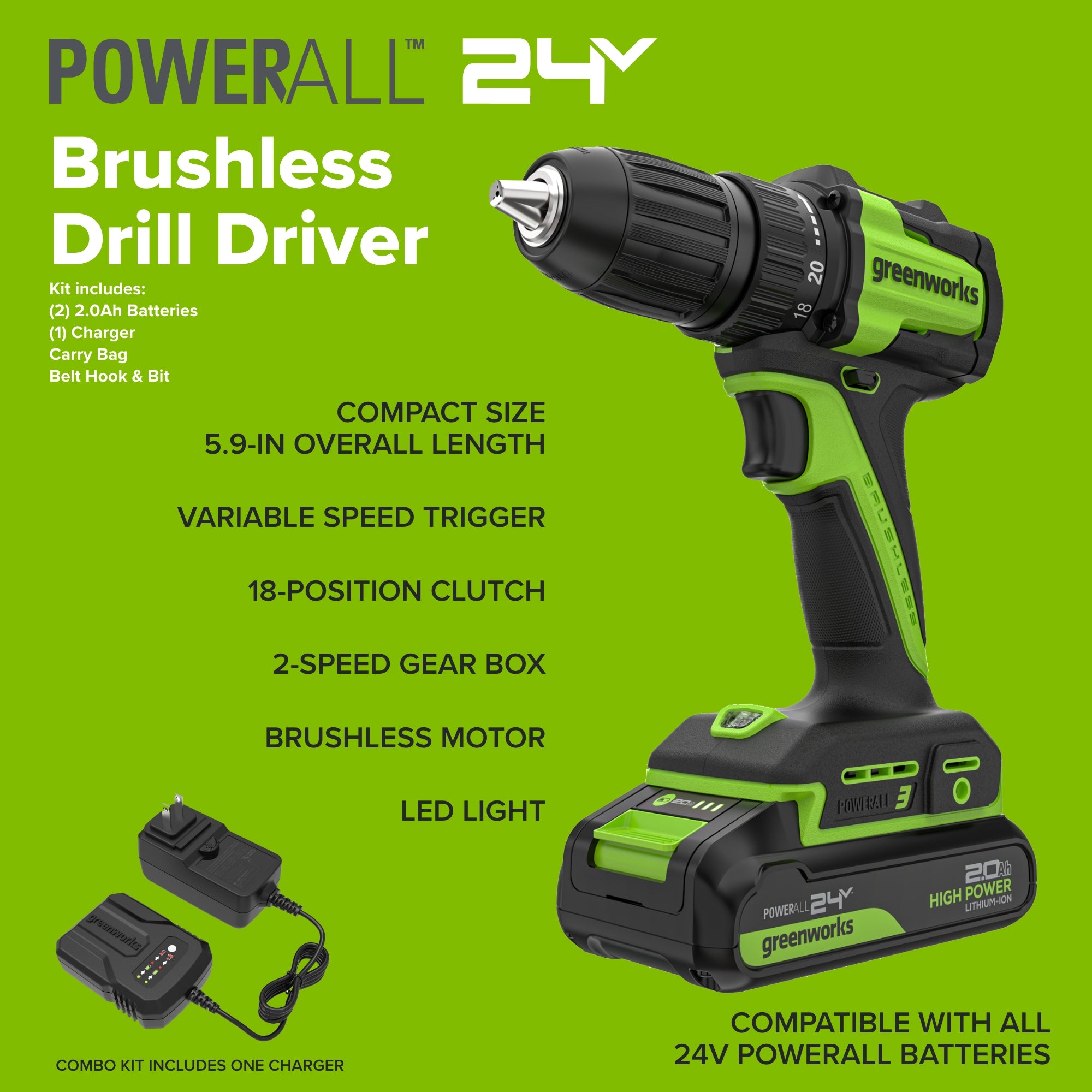 24V Cordless Battery 400 in-lbs Drill / Driver and 1950 in-lbs Impact Driver, Two(2) 2.0 Ah Batteries and 2A Charger