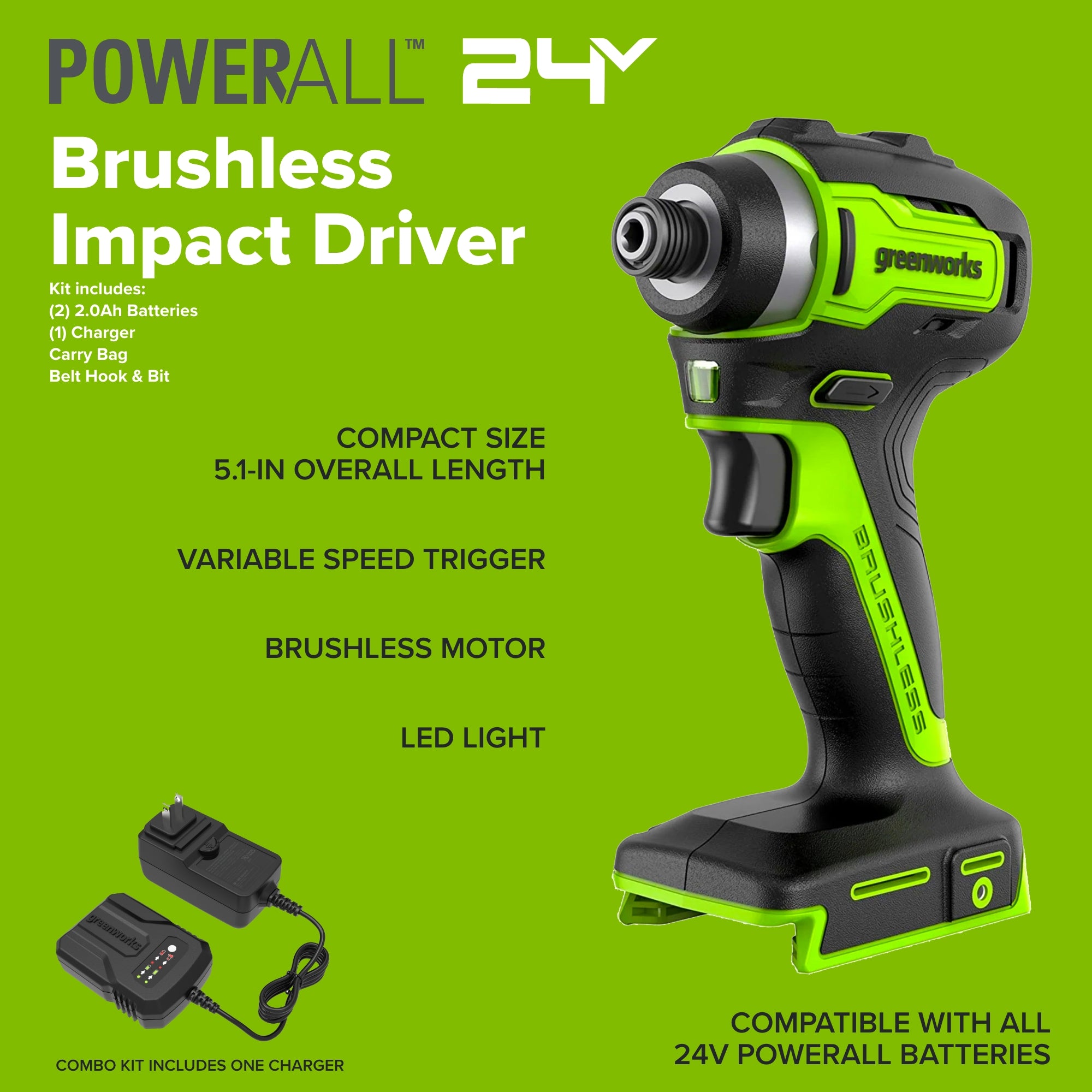 24V Cordless Battery 400 in-lbs Drill / Driver and 1950 in-lbs Impact Driver, Two(2) 2.0 Ah Batteries and 2A Charger