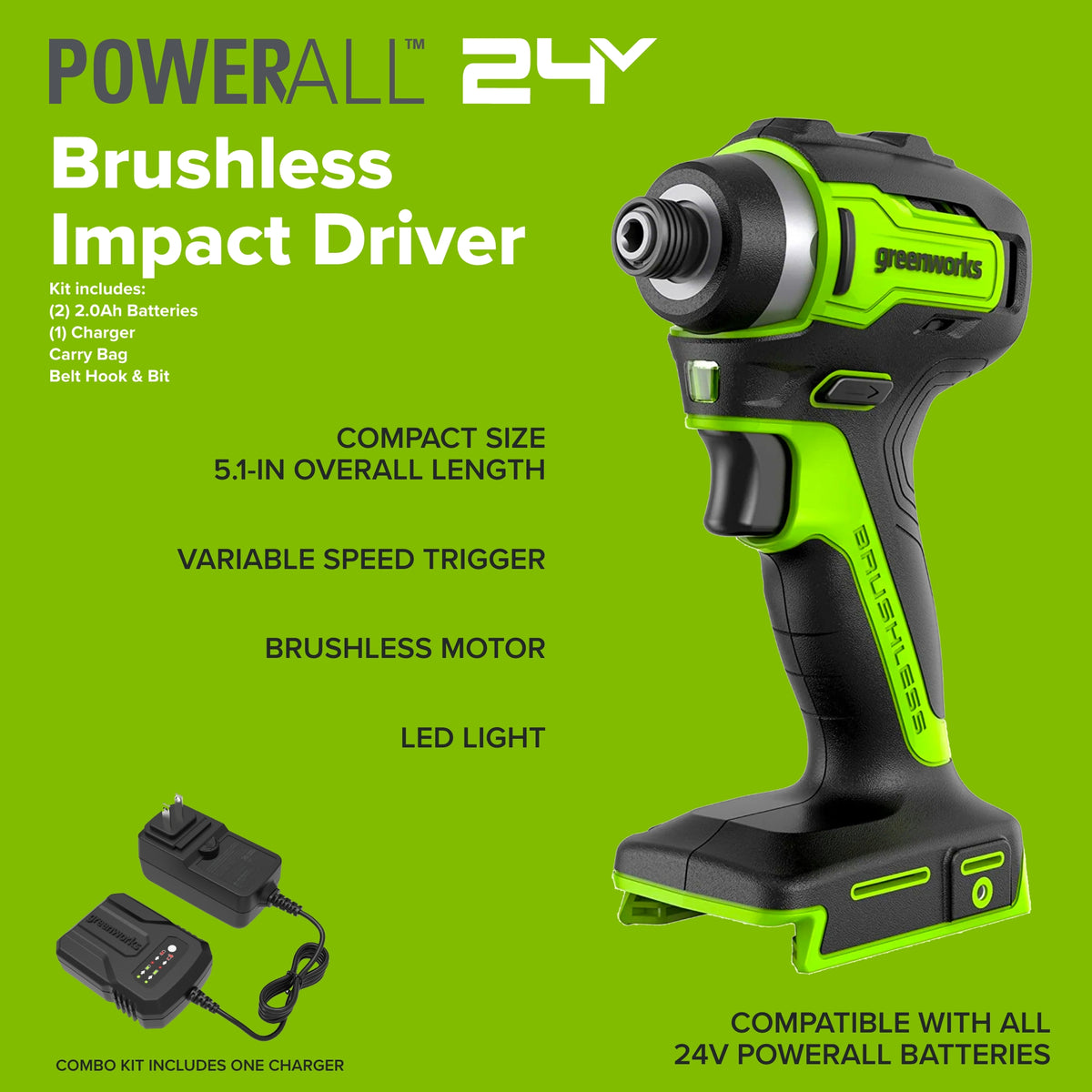 24V Cordless Battery 400 in-lbs Drill / Driver and 1950 in-lbs Impact Driver, Two(2) 2.0 Ah Batteries and 2A Charger