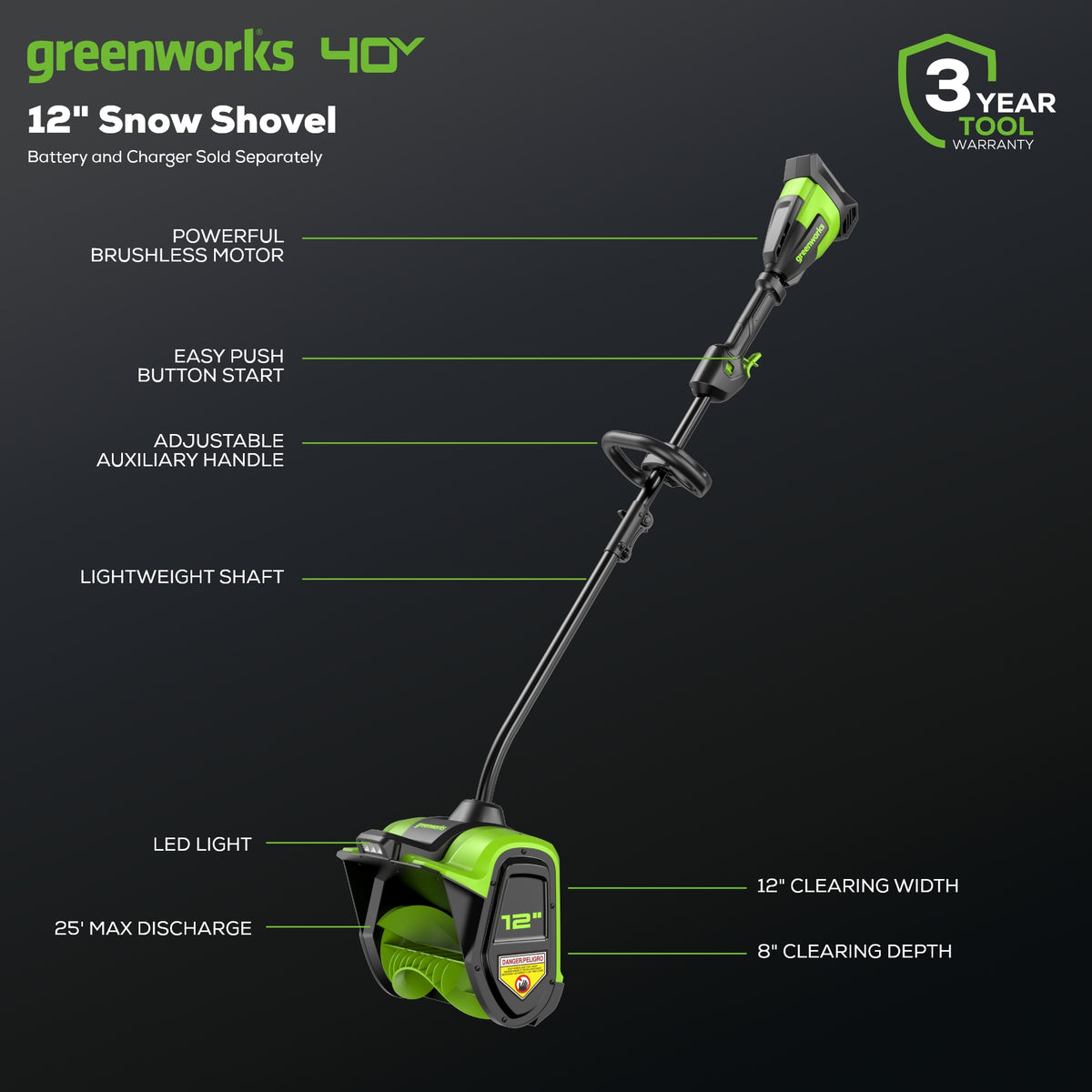 40V 12" Cordless Brushless Snow Shovel with Light (Tool Only)