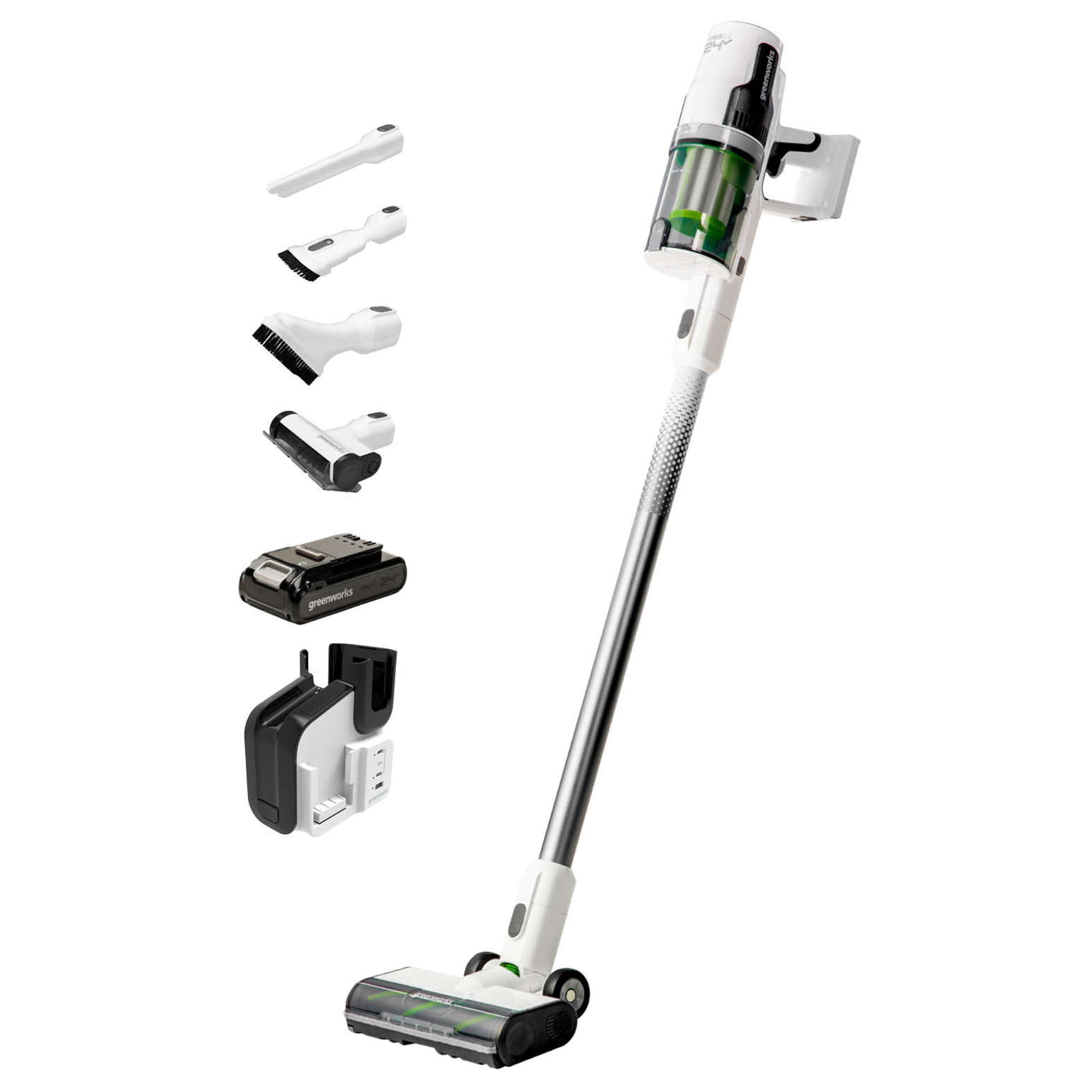 24V Cordless Battery White Deluxe Stick Vacuum w/ 4.0 Ah USB-C Battery & 30-Minute Super Charger