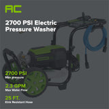 2700 PSI 2.3 GPM Cold Water Electric Pressure Washer