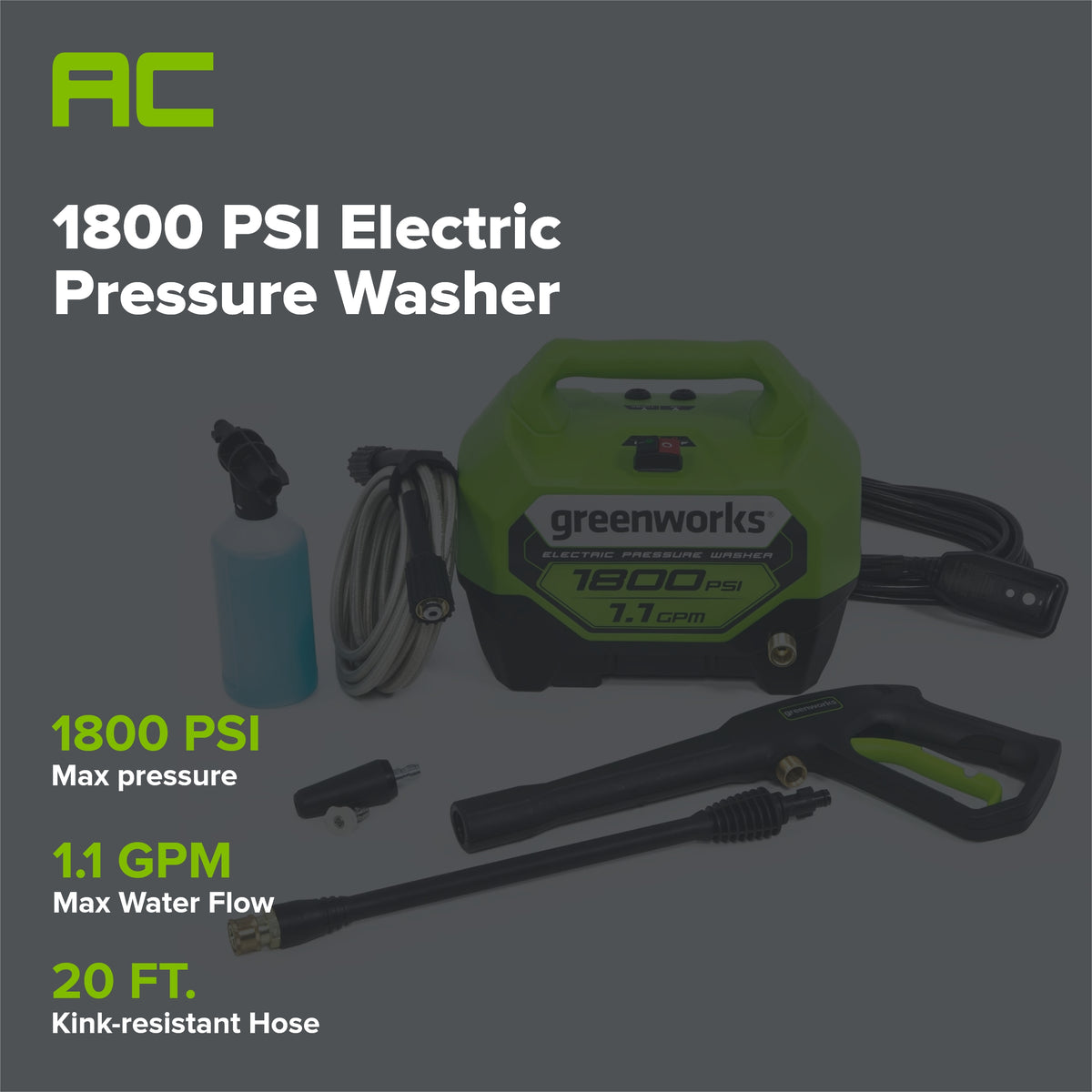 1800 PSI 1.1 GPM Cold Water Electric Pressure Washer