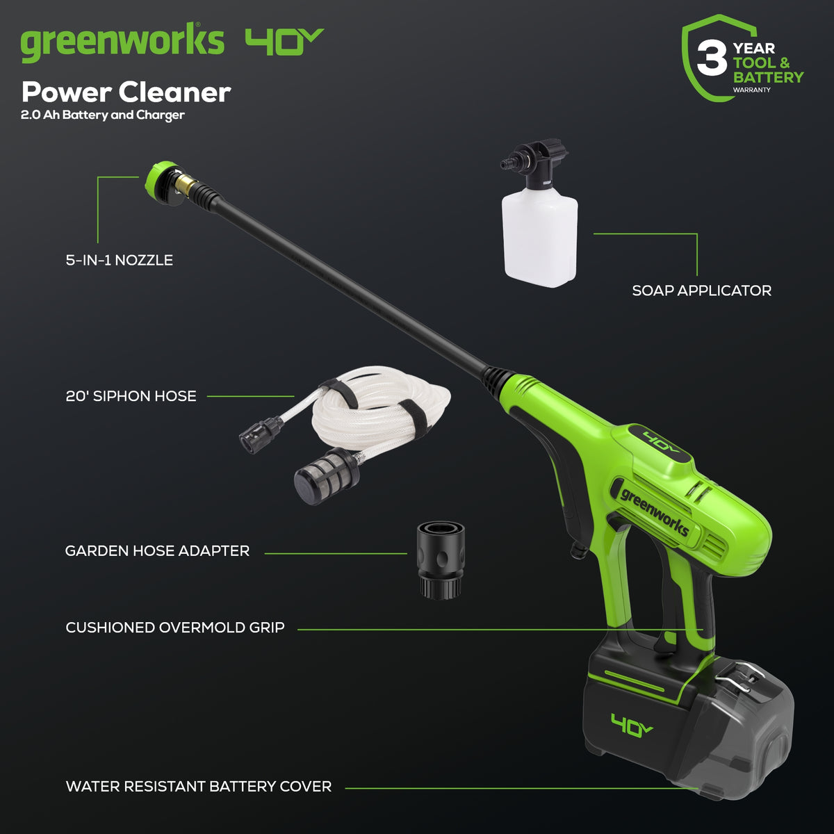 40V 600-PSI Cordless Battery Power Cleaner w/ 2.0Ah USB Battery and Charger