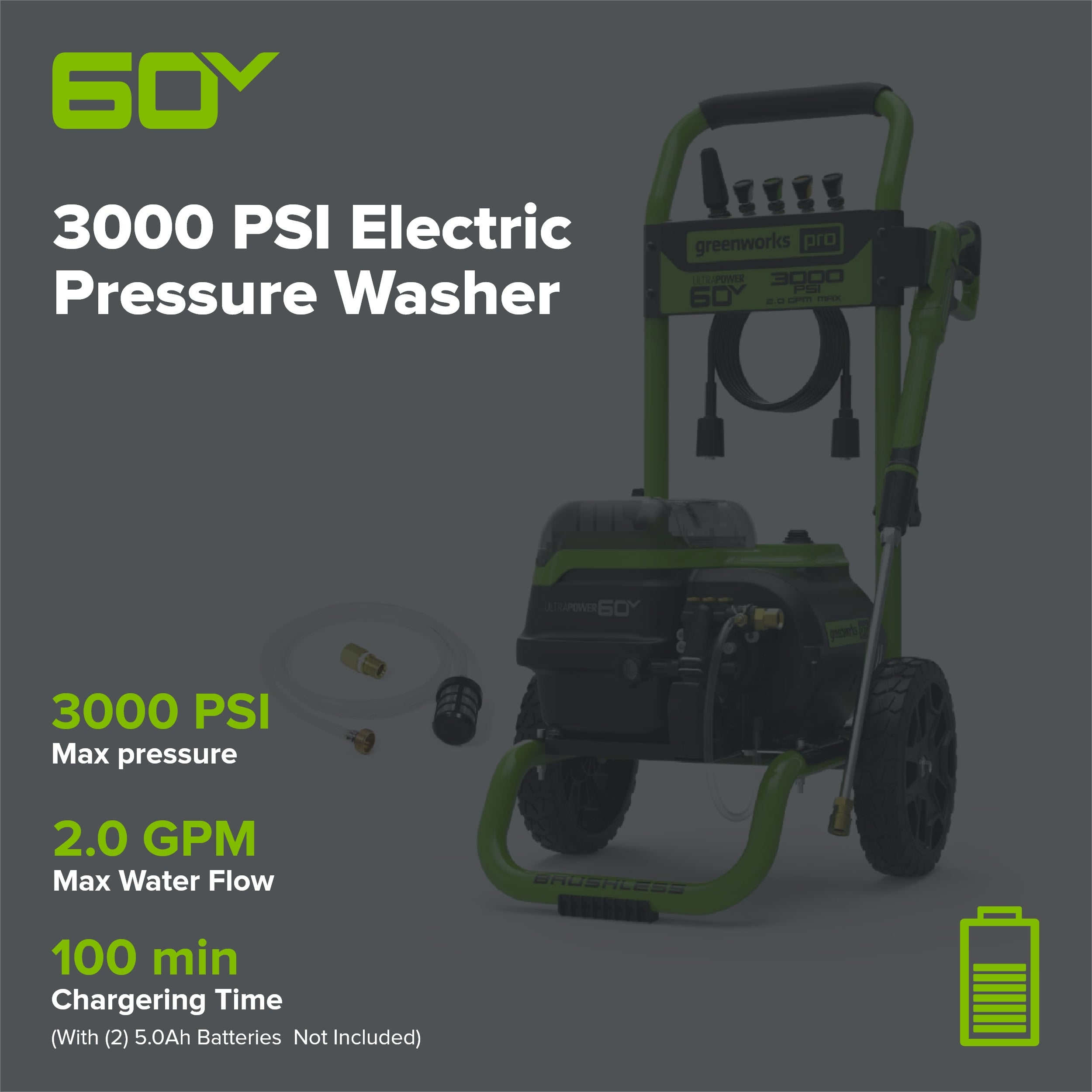 60V 3000-PSI 2.0 GPM Electric Pressure Washer (Tool Only)