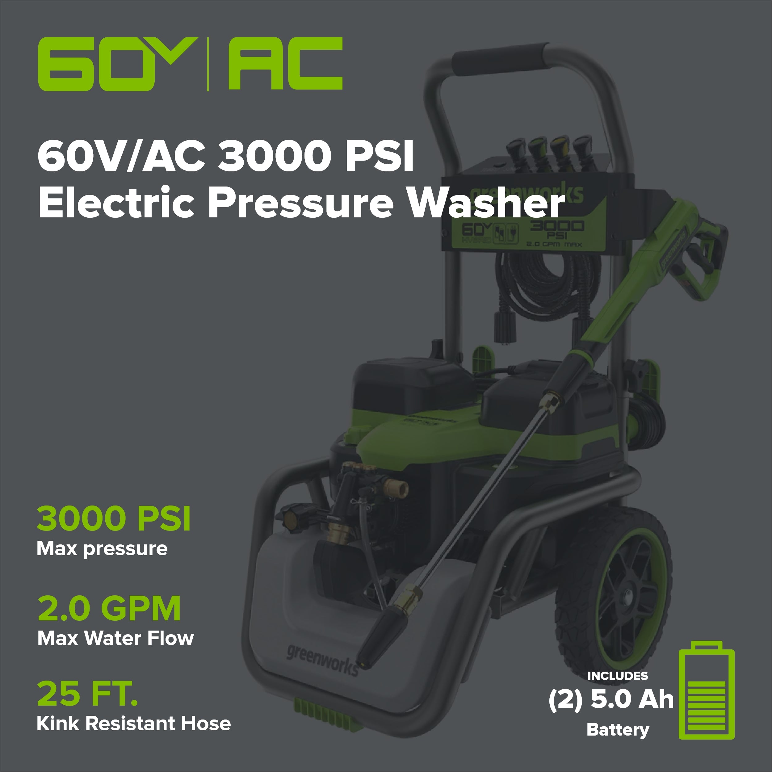 Corded/60V 3000-PSI 2.0 GPM Electric Pressure Washer: (2) 5.0Ah Batteries and Dual-Port Charger