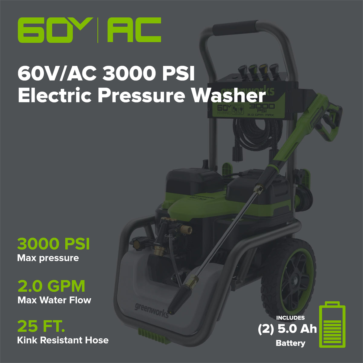 Corded/60V 3000-PSI 2.0 GPM Electric Pressure Washer: (2) 5.0Ah Batteries and Dual-Port Charger